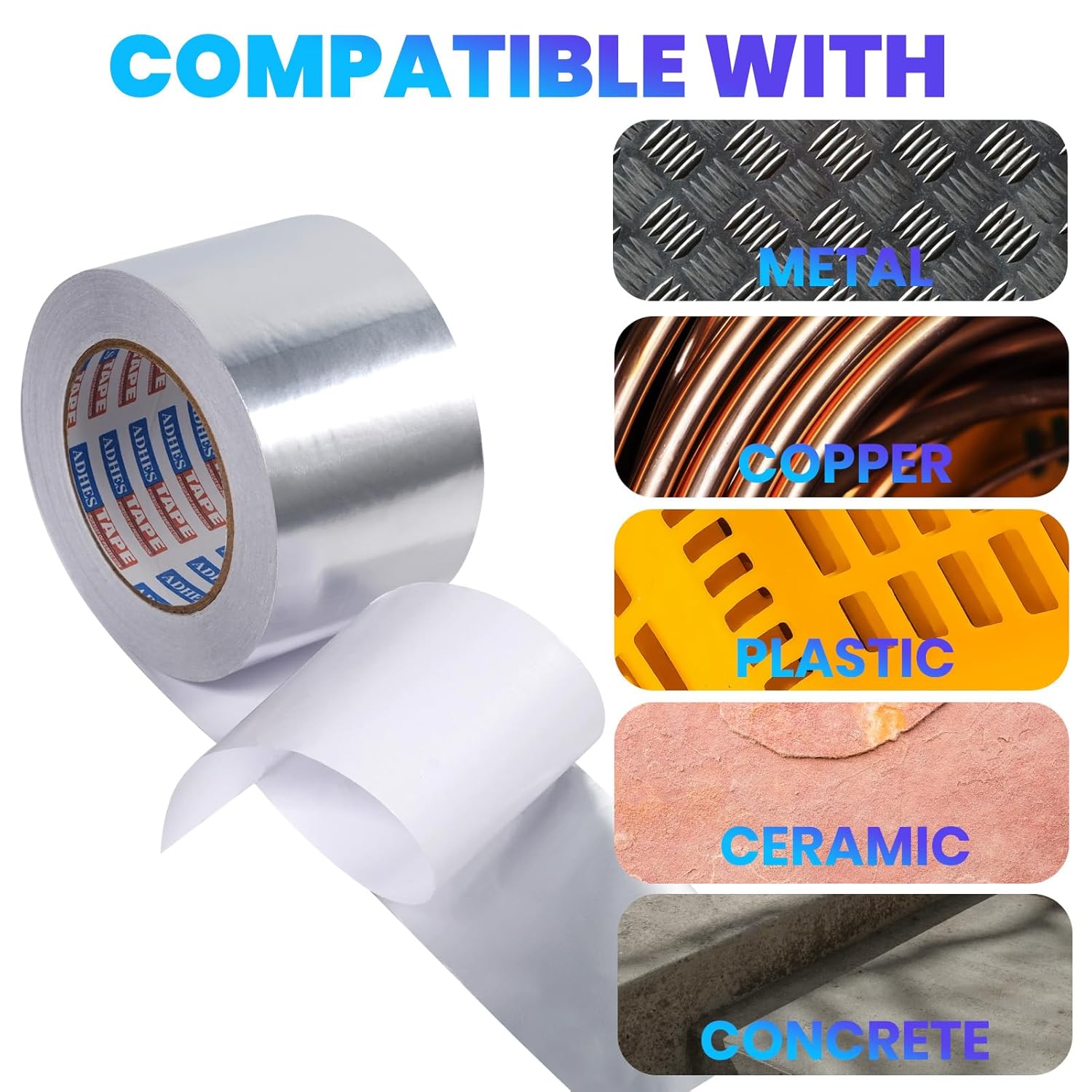 ADHES Premium Aluminum Foil Tape, 2 Inch x 210 Feet (70 Yards), 5Rolls Heat Proof Tape Withstand from 80°C to 100°C, Metal Duct Tape for HVAC, Sealing & Patching, Dryer Vents Pipe