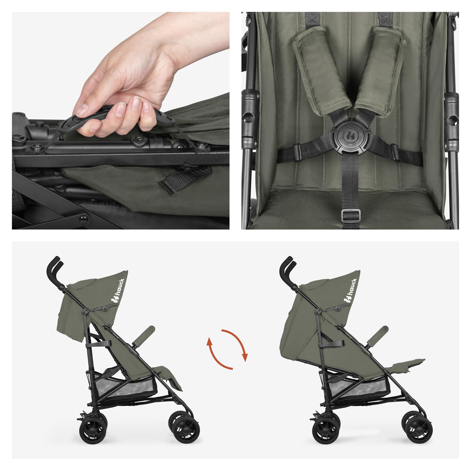Hauck Fold N Care Olive Schirmbuggy für Kinder bis 22 kg mit Liegeposition & UV-Schutz 50+, XL Korb, EVA Räder