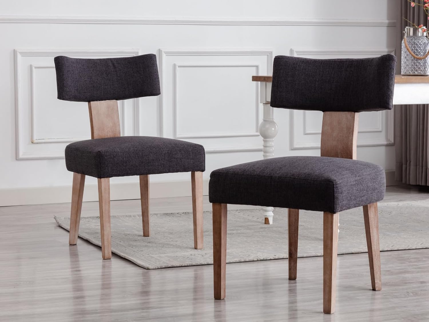 Black Wood Dining Chairs Set of 6- Modern Upholstered Accent Dining Room & Kitchen Chairs, Beige Linen Seat and Mid Back, Farmhouse Armless Side Chair for Home Office/Living Room/Restaurant