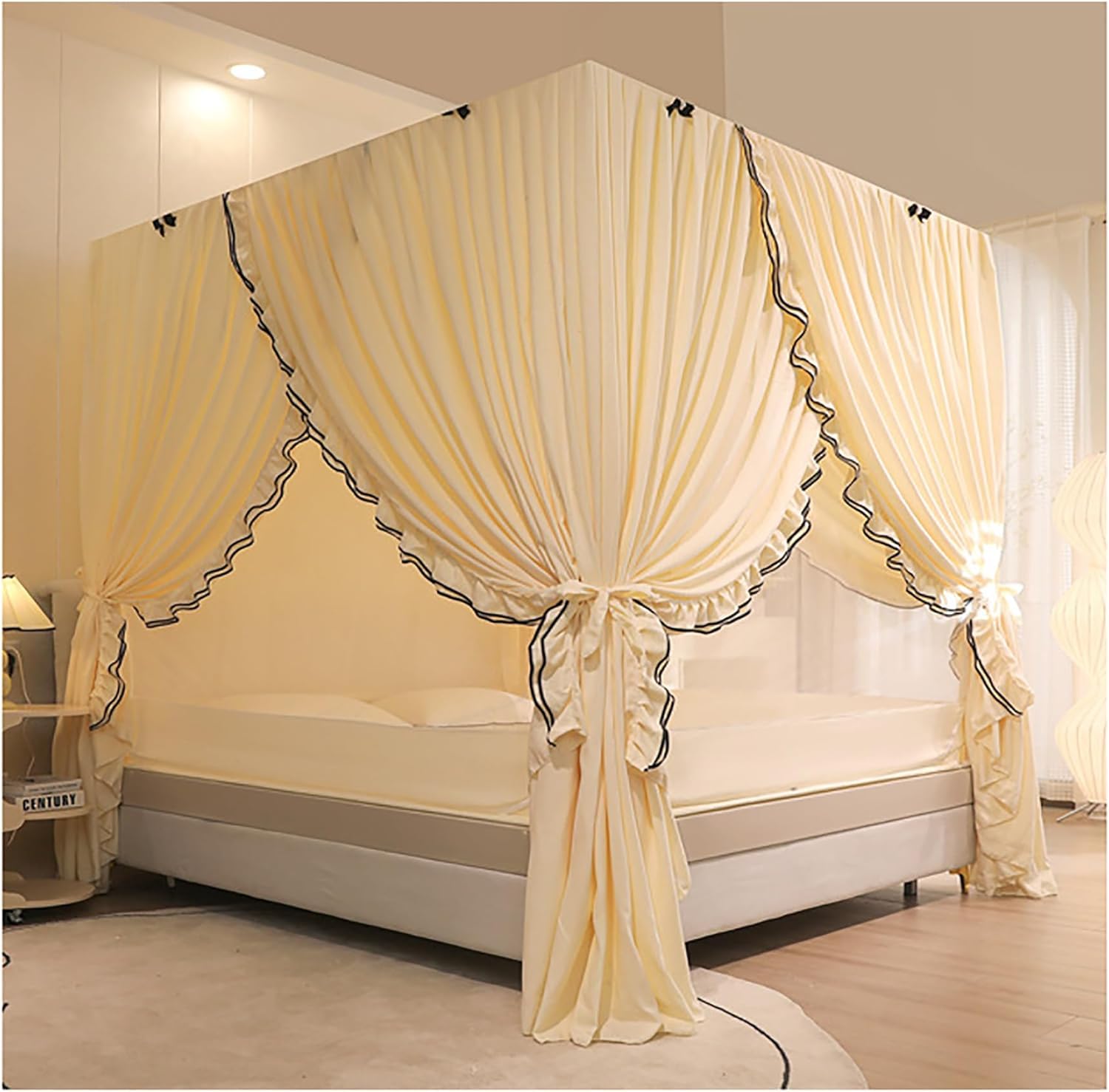 GTHTUHFD U Princess Bed Netting Canopy For S, Mosquito Net Bed Frame, 4 Corners Curtain Brackets Post Bed Curtain Canopy For Bedroom,Yellow-Double