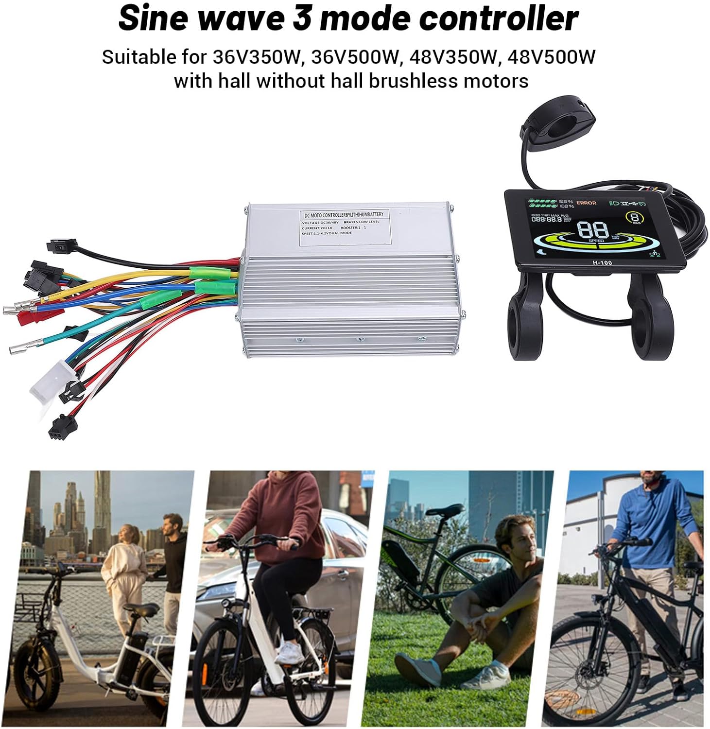 Electric Motor Controller, Sine Wave 3 Mode Self Learning Controller, LCD Color Screen with Efficient Design, Ideal for 36V 48V 350W 500W Brushless Motors