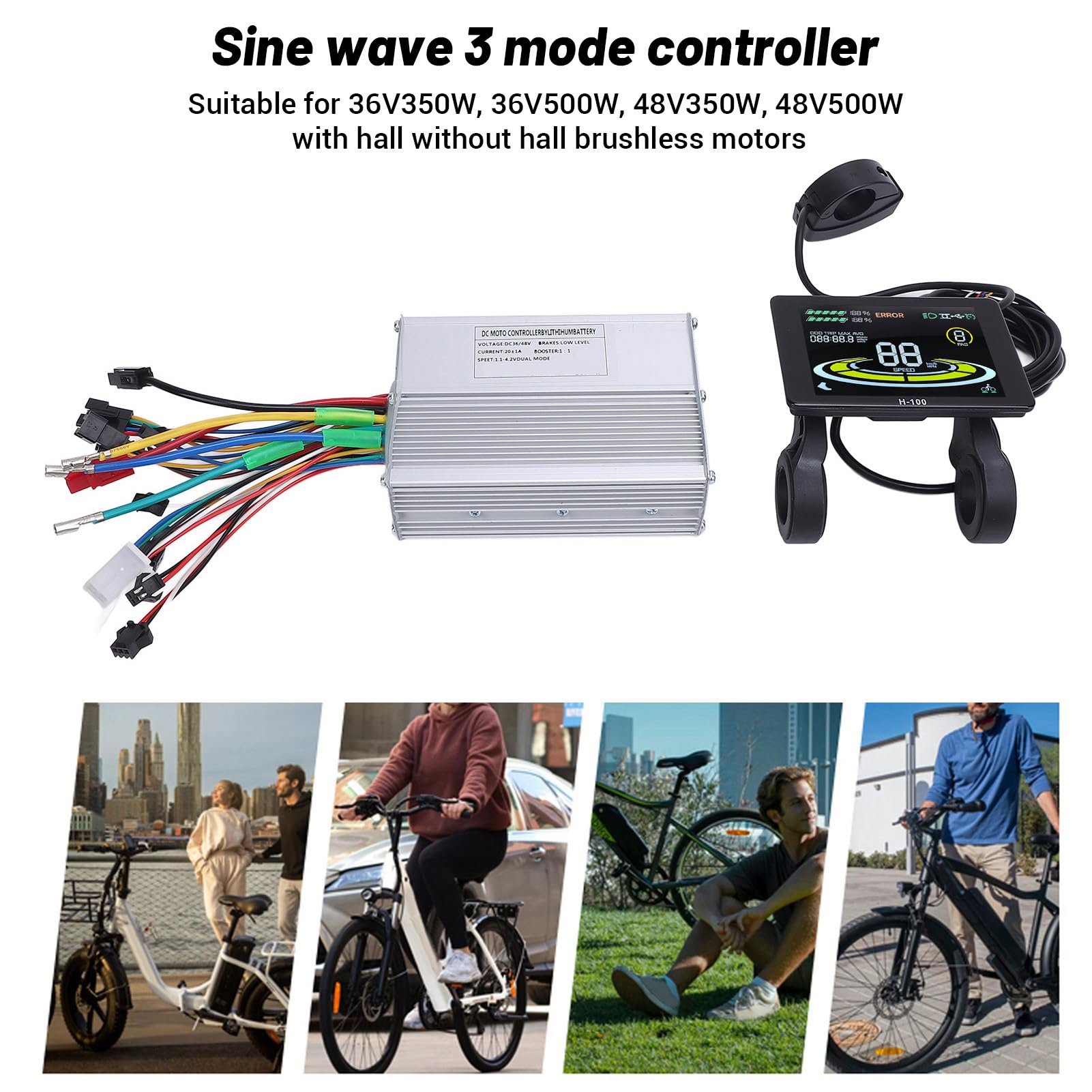 BuyWeek Kit de Contrôleur de Moteur Sans Balais, 36V 48V 350W 500W 20A 3 Modes Contrôleur d'Onde Sinusoidale avec Écran d'Affichage LCD Couleur H100 pour Vélo Électrique Trottinette Électrique
