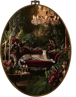 dvhdajed Luxury Maximalist Leopard Oval Wall Art Decor, Dark Jungle Baroque Cheetah Framed Canvas Art, Vintage Cheetah on Red Sofa Oval Wall Hanging Decor for Home Living Room Bedroom, 8.7x11.3 Inch