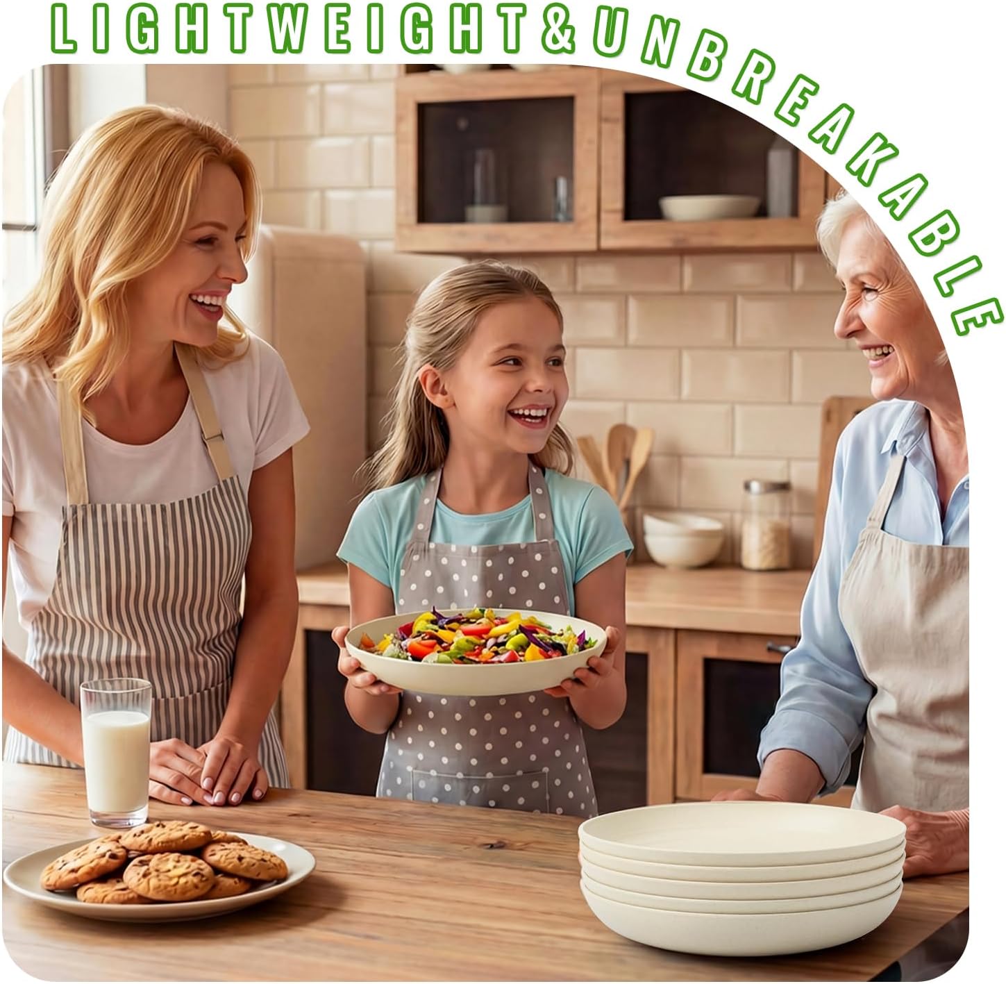Wheat Straw Dinner Plates 6-Piece Set, 10 Inch Unbreakable Deep Plates, BPA-Free Reusable Plastic Plates, Microwave and Dishwasher Safe for Family, Kitchen, Beige