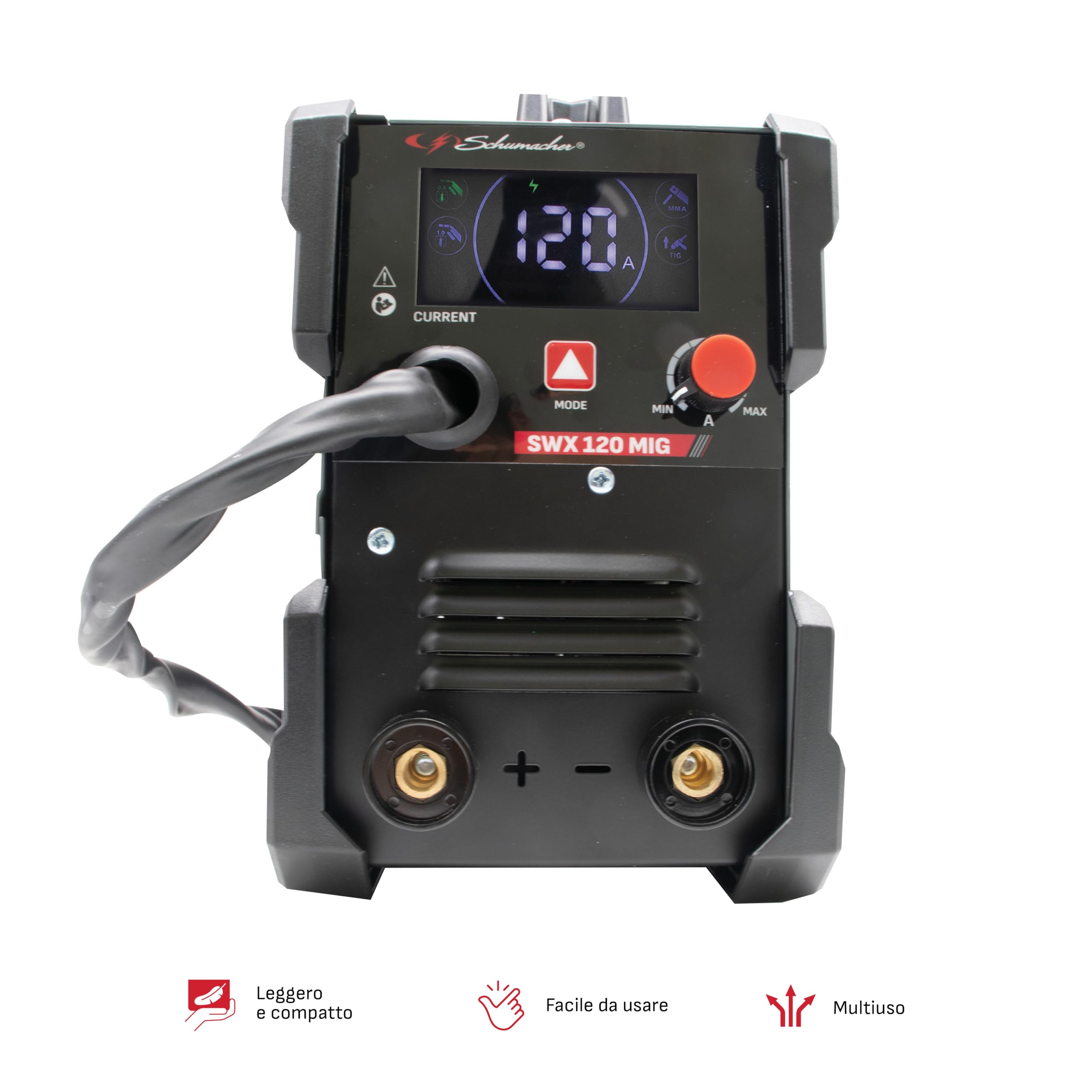 Schumacher Electric - SWX 120: saldatrice MIG con inverter da 120 A, senza gas, 230 V – Torcia MIG Direct + MMA – Filo tubolare da Ø 0,6–0,9 mm – Elettrodi da Ø 1,6–3,2 mm – Display LCD – 2 rulli