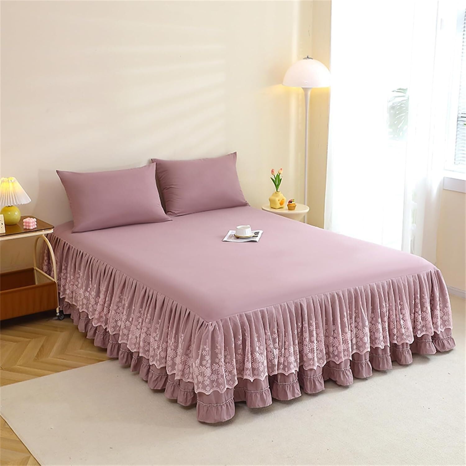 Drap-Housse Tout Compris Violet 200x220 Jupe de Lit Matelassée Bordure Dentelle Ourlet Festonné