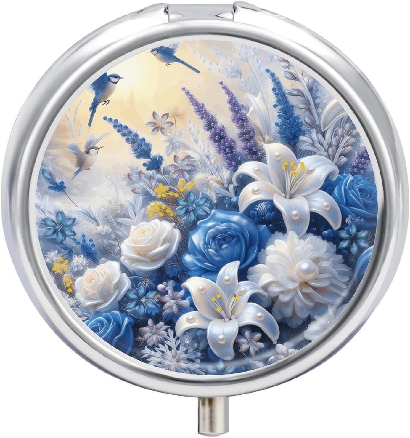 Birds Flower 3 Compartments Pill Box with Mirror for Pocket