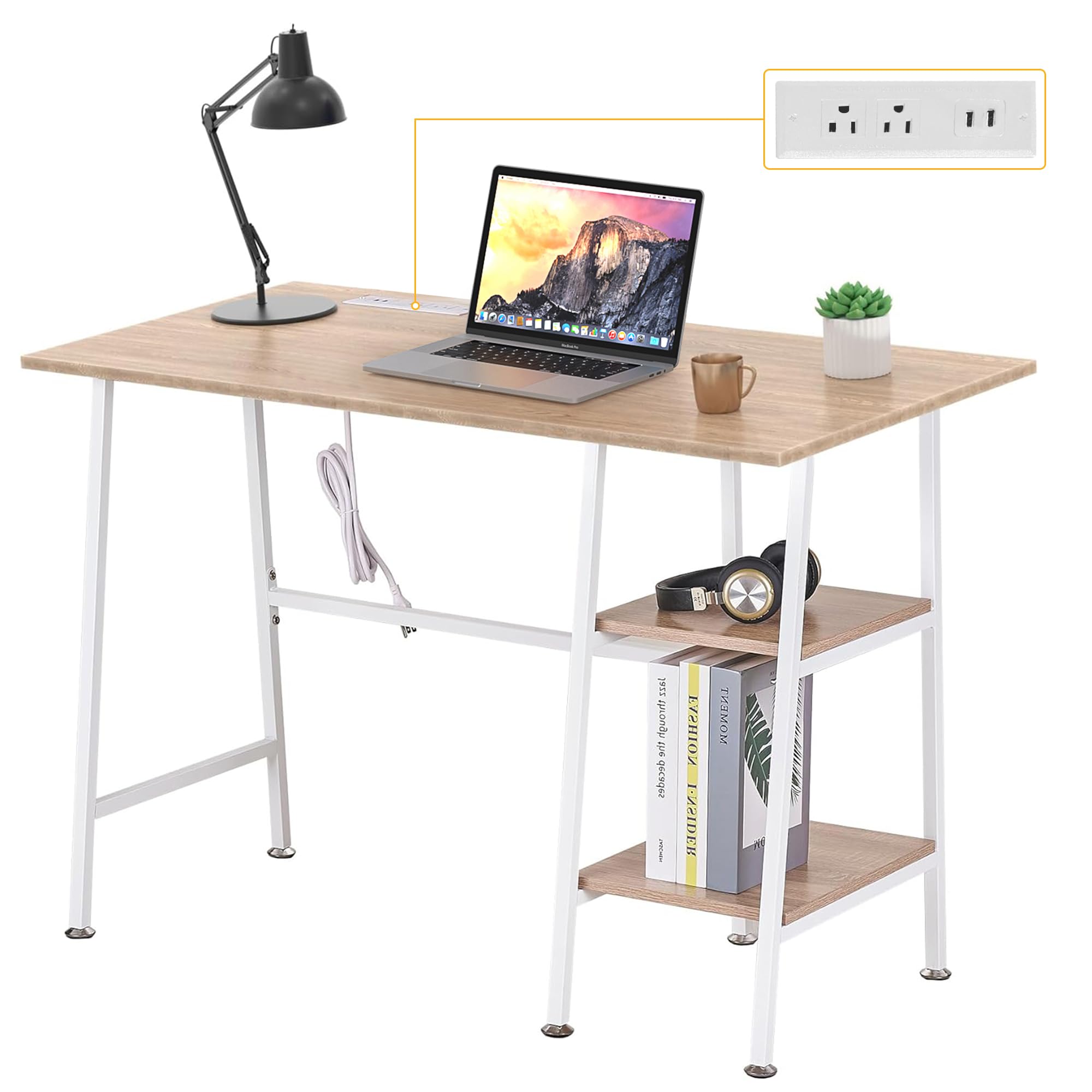 VECELO Computer Desk with USB Charging Port &Power Outlet, Teen Study Table with Storage Shelves for Home Office, 43 Inch Work Desk Charging Station, Oak