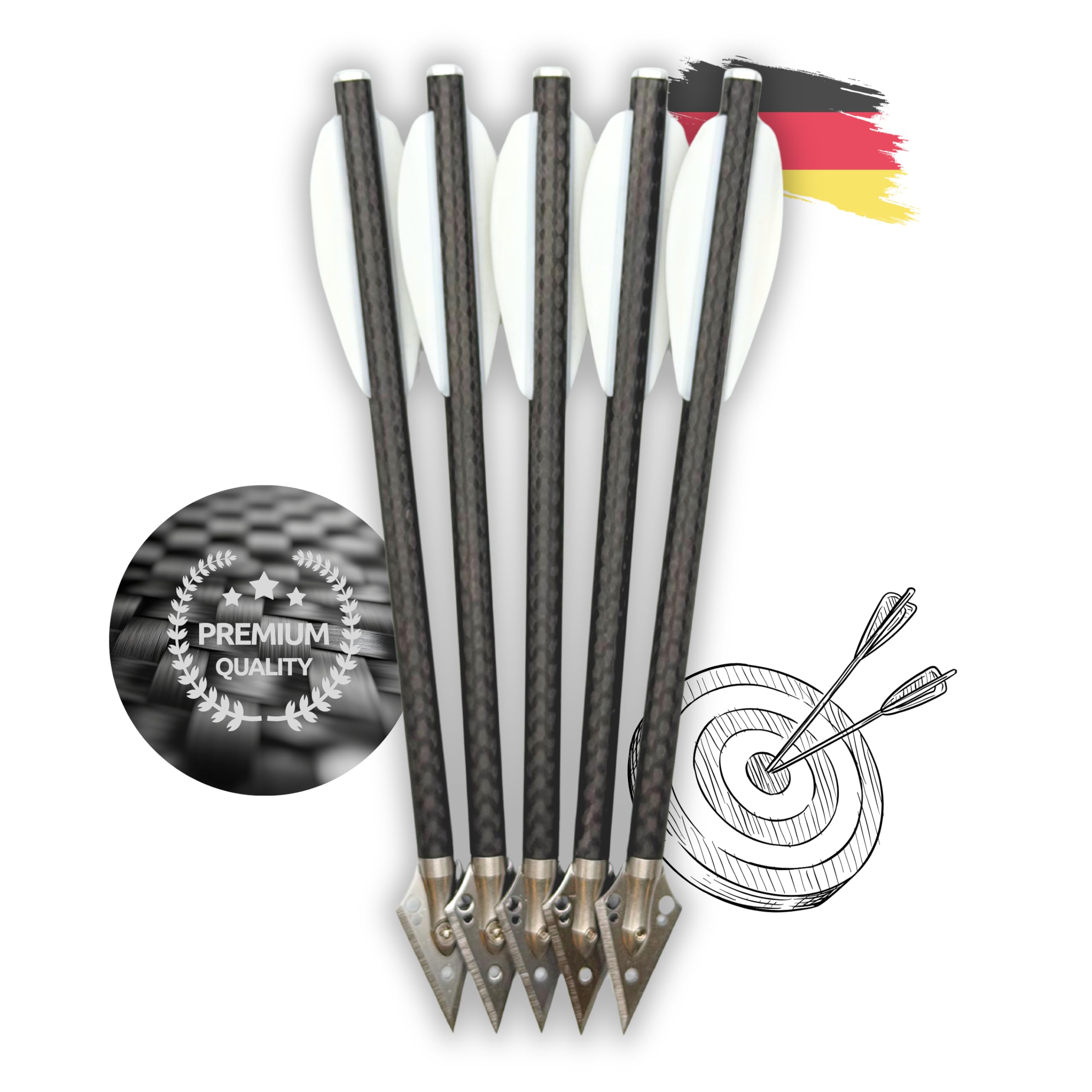 S&K - 5X Premium 3K Carbon Jagdbolzen 6,3" für Pistolenarmbrust – für Steambow Stinger, EK Archery Vlad & Cobra, Mey Interceptor UVM. – Hochpräzise Armbrustpfeile mit Jagdspitzen & weißen Vanes