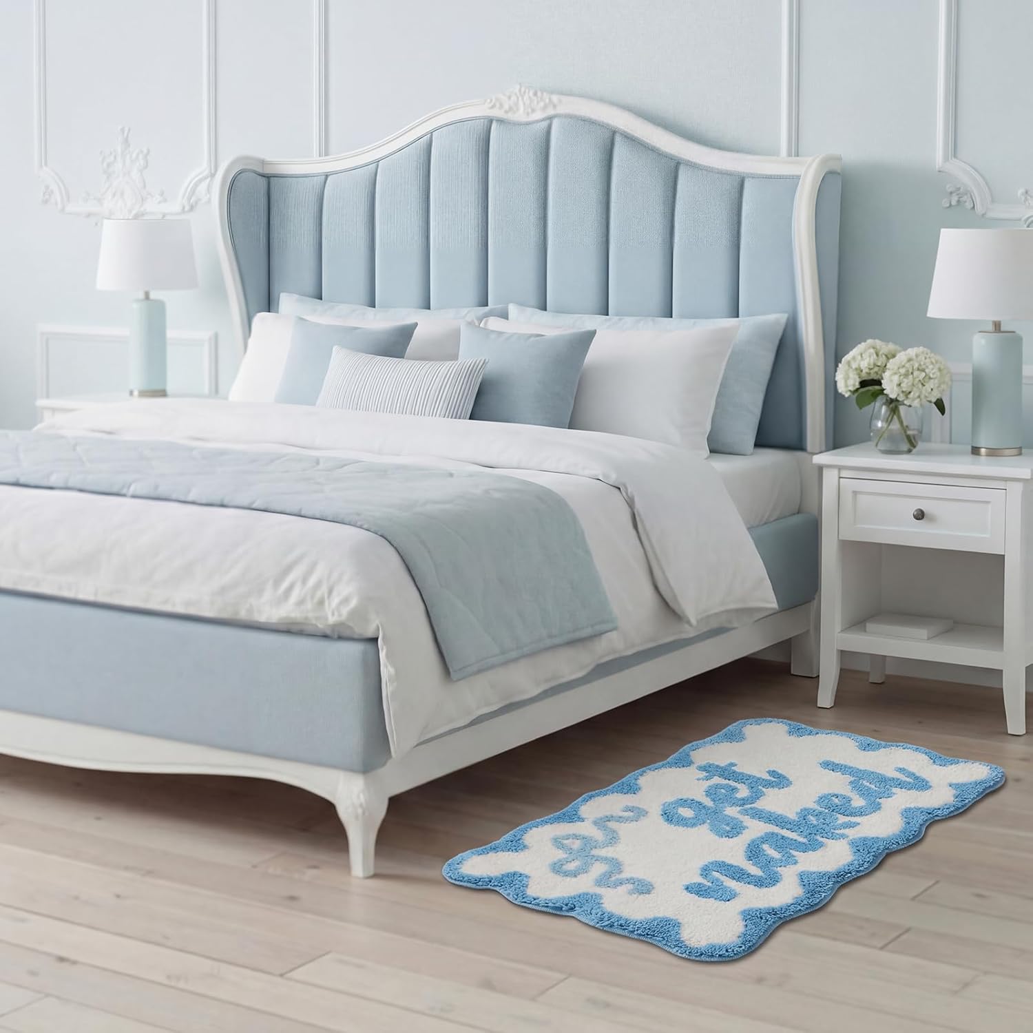 Boao Get Naked Scalloped Bath Mat Blue Bow Bathroom Rug 20 x 32 Inch Absorbent Non Slip Plush Tufted Spring Rug Cute Preppy Aesthetic Bathroom Decor for Bath Tub Floor Carpet Sink Shower