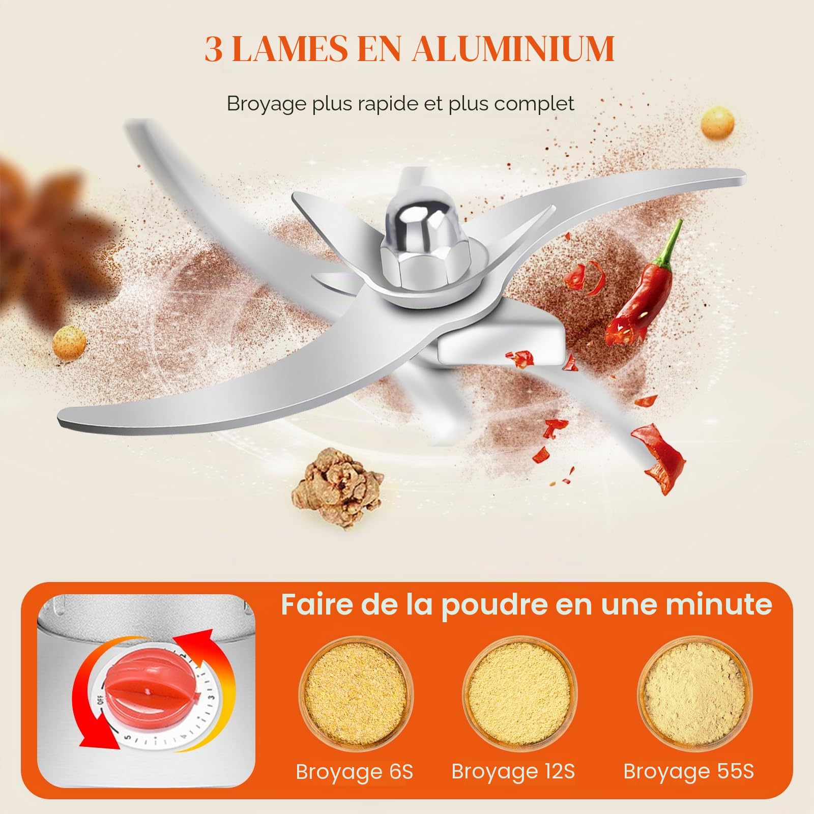 Moulin à Grains Électrique, Aomdom 500 g Grinder Electrique en acier inoxydable moulin cereales à grande vitesse 28000 tr/min Moteur puissant 30 s broyage fin pour grain de cuisine Épice Café Maïs