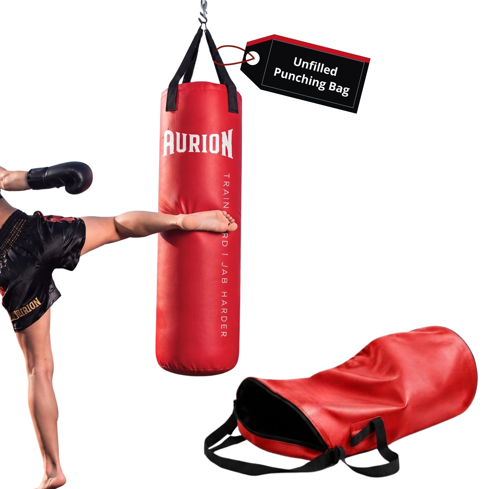 Aurion 4FT Unfilled Punching Bag for Boxing, Kickboxing, MMA & Muay Thai Training | Premium PU Leather Heavy Bag with Reinforced Stitching & Heavy-Duty Hanging Straps | (Red)-picture-24