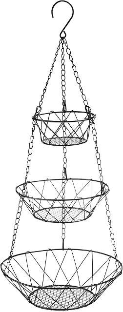 com-four® hanging fruit basket - hanging fruit basket - individually adjustable hanging étagère for the kitchen - hanging fruit basket made of metal in black - hanging shelf (black - round)