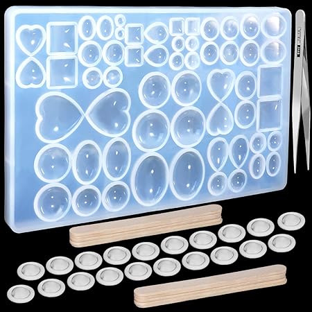 Amazon Co Jp Leobro シリコンモールド ソフトモールド レジン型 アクセサリー パーツ 作成 抜き型 宝石 雫 ハート四角 楕円 半球など58 種類 指サック付 ピンセット付 かき混ぜ棒付 Diy 手作りイヤリング ネックレス ホビー