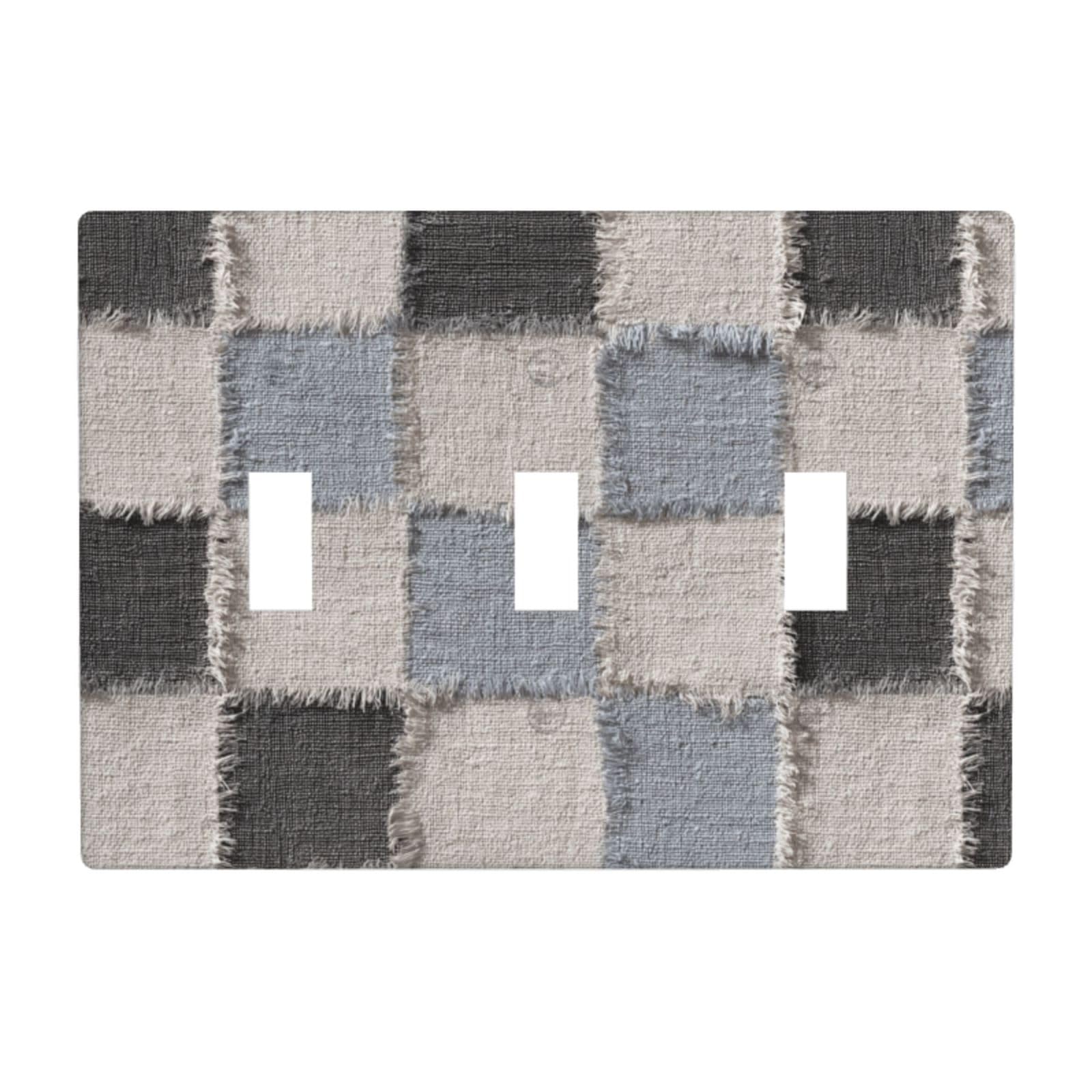 Frayed Fabric Edges Checkerboard Blue Gray Light Switch Covers 3 Gang Triple Toggle Wall Plate Switchplate Electrical Faceplate for Bathroom Kitchen Bedroom Decor