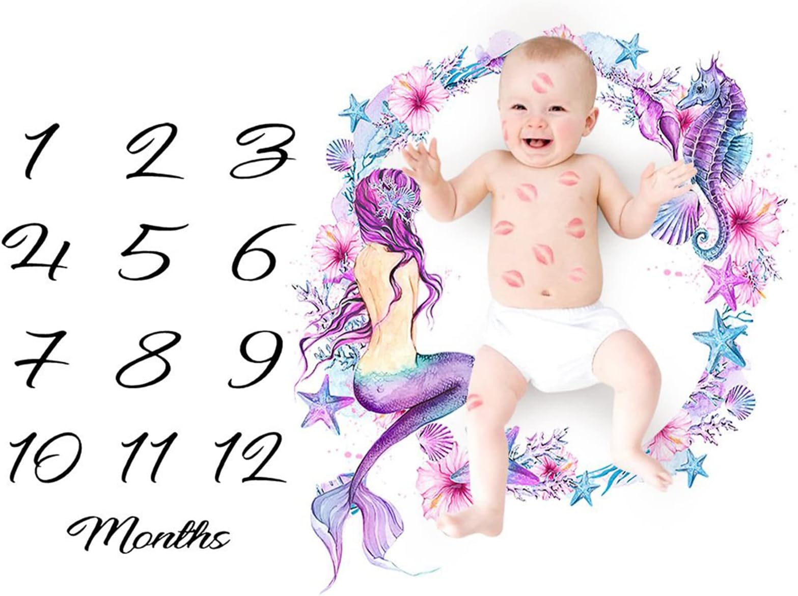 PDTXCLS Baby Monthly Milestone Blanket Newborn Girls Purple Mermaid Photo Props Shoots Backdrop Personalized Photography Growing Infants Toddlers Swaddle Blanket with Wreath Headband