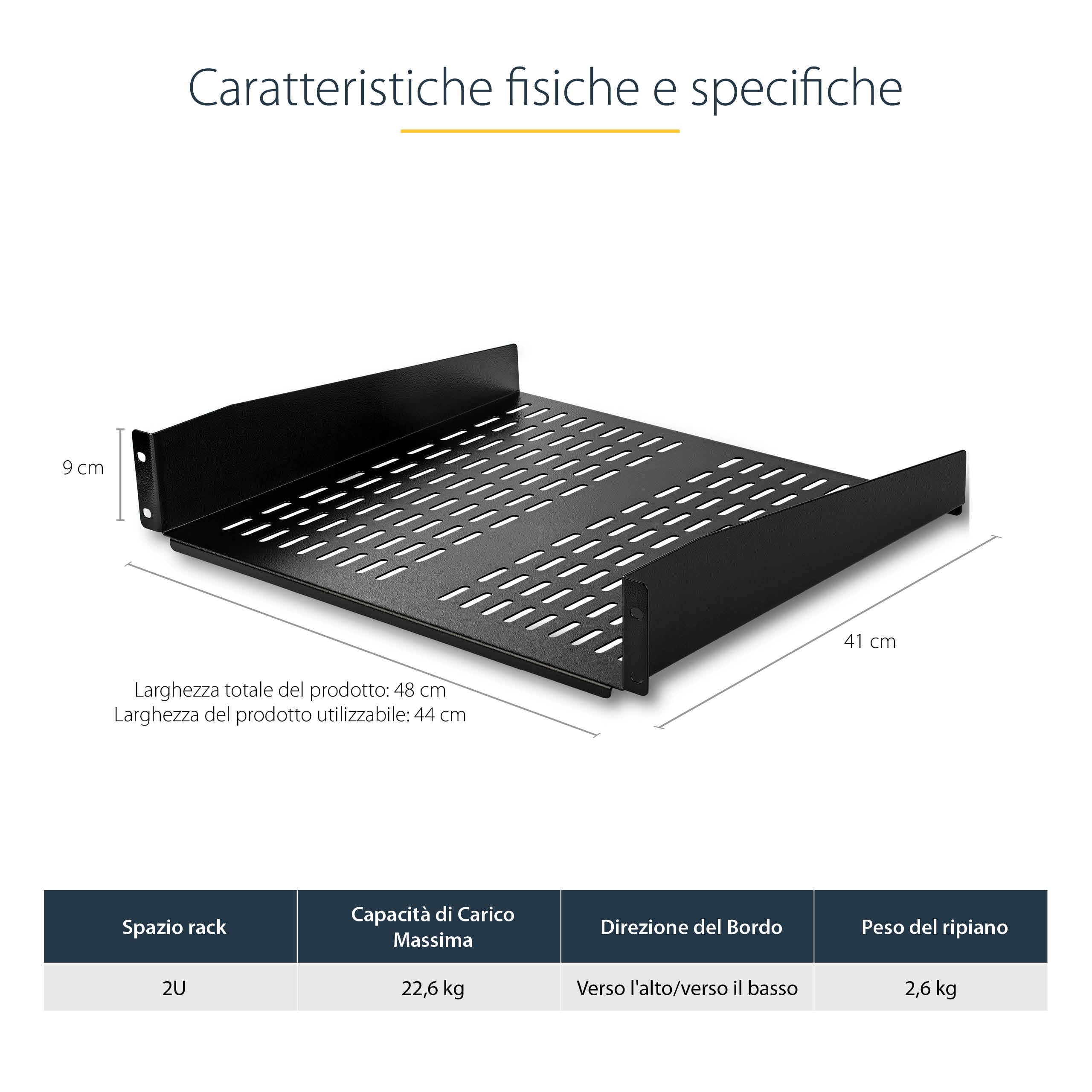StarTech.com Mensola per rack 19" 2U Ventilata, Acciaio, Capacità 23Kg, Profondità 41 cm, Nero
