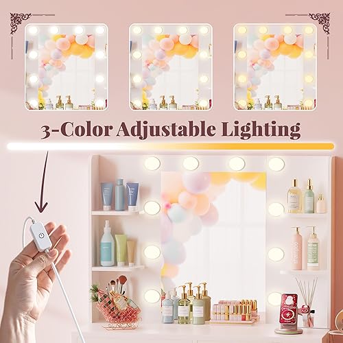 Miniatura 5 de Furmax Tocador con Espejo y Bombilla LED, Mesa Pequeña de Maquillaje con Cajones, Mesa de Vestir con Enchufe Eléctrico y Soporte para Secador de