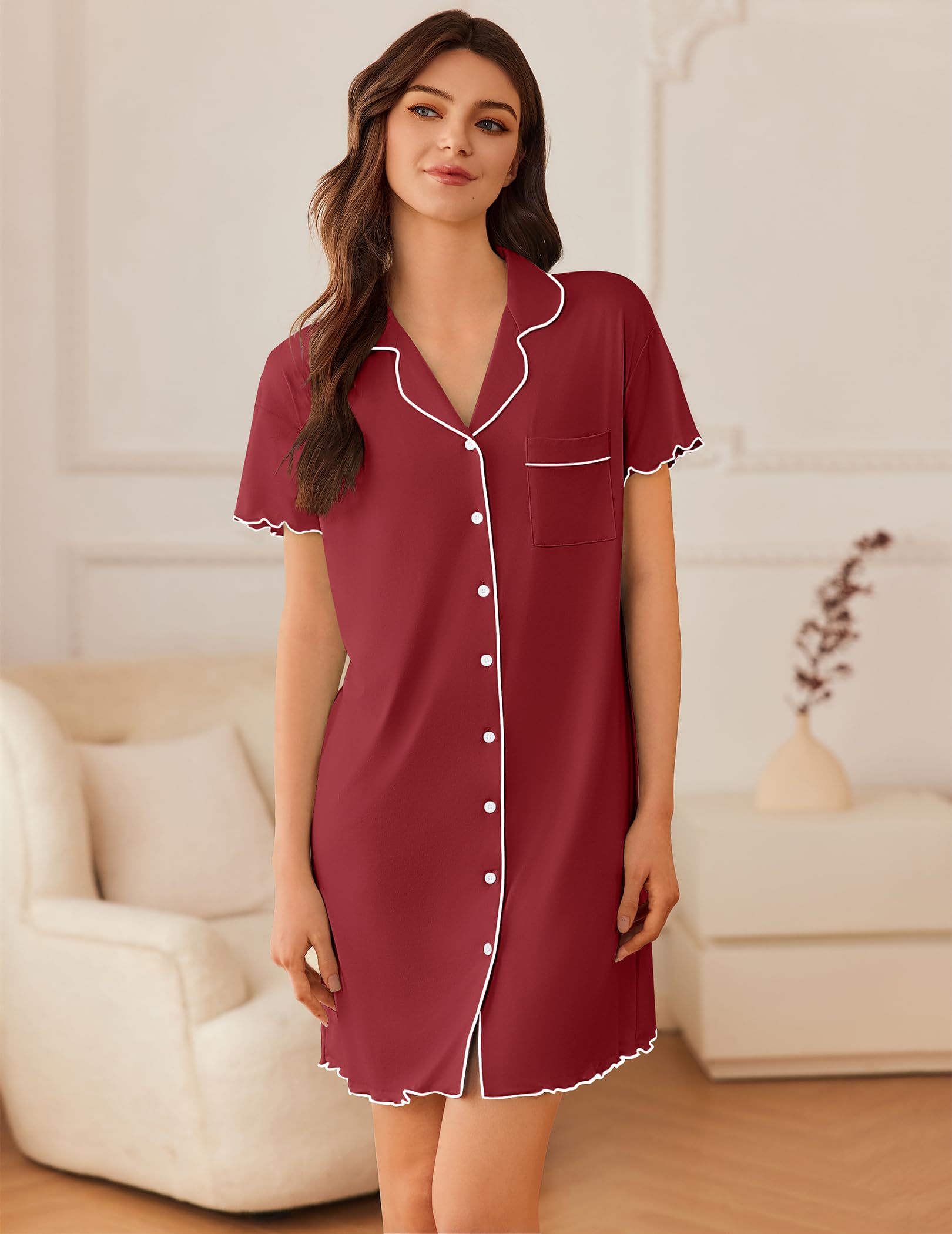 Ekouaer Chemise de Nuit Femme Été 2 Pièces Manches Courtes Pyjama avec Boutons Confortable Décolleté en V Ouverte Devant Robe de Nuit