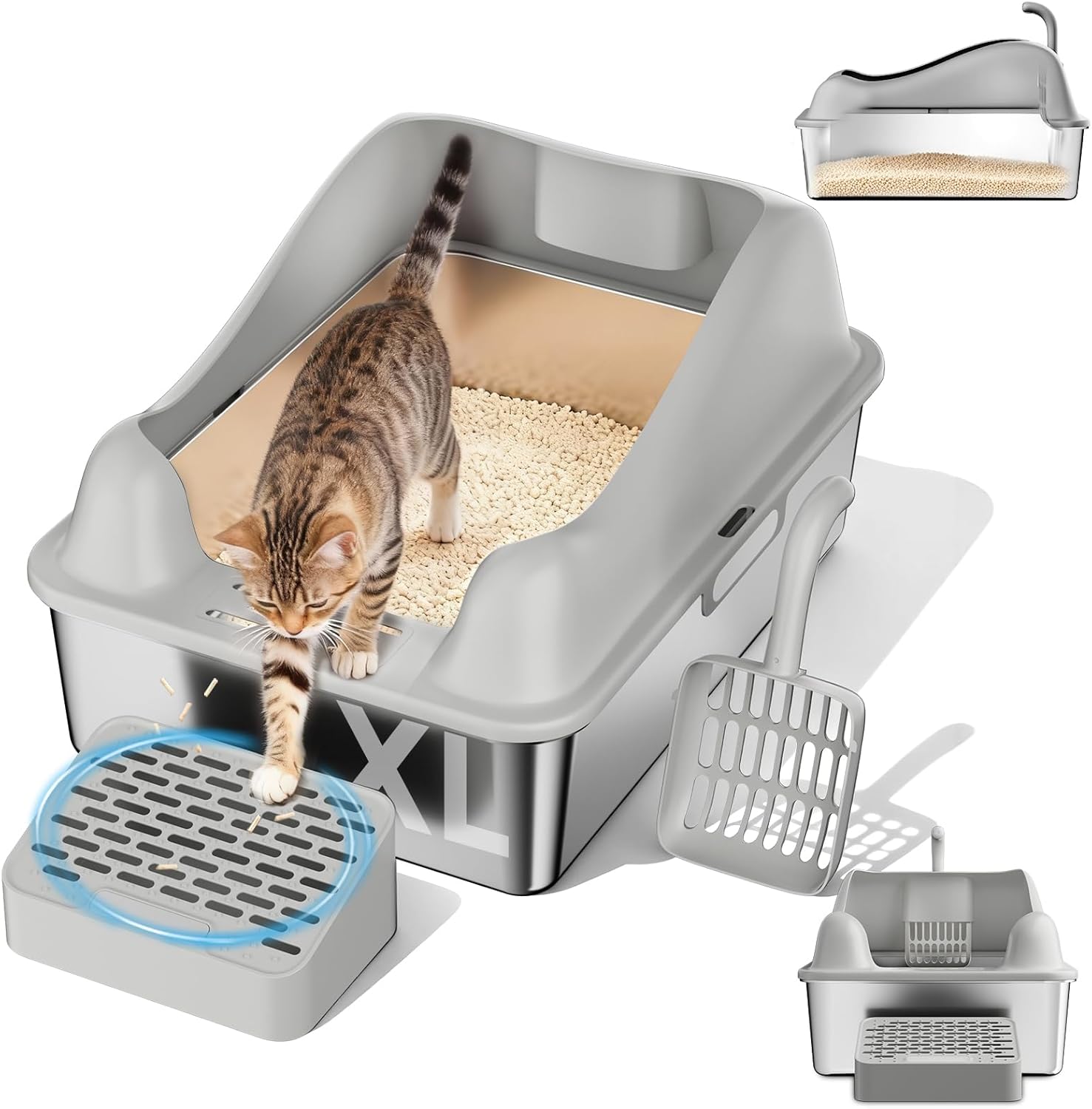 GTPLAYER 2 Pack Stainless Steel Litter Box for Big & Multiple Cats, Easy Clean Odor-Resistant Design, High Sided Leak-Proof Litter Box with Mat & Scoop – Grey