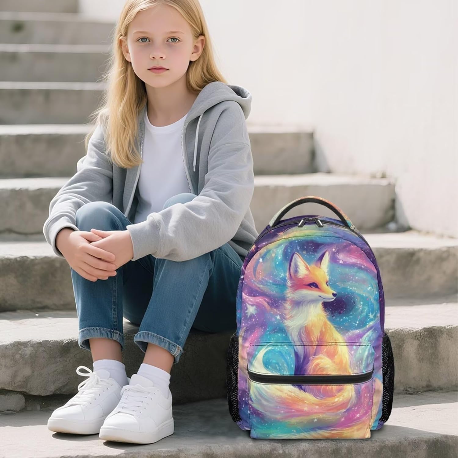 Doojoayie School Backpack for Kids Cute Girls Bookbags Fox Backpack for Girls Ages 8-10 Large Capacity & Heavy Duty Kids School Bags with 2 Side Mesh Pockets