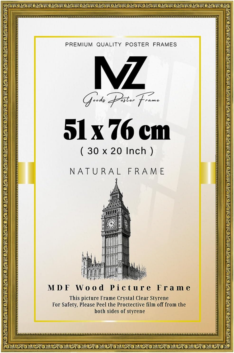 Elegant Large Rectangle Poster/Picture (51 x 76 CM) | Solid Polcore Finish and Hanging Hooks 30 x 20 Inch Handmade Frames Display [ Gold ]
