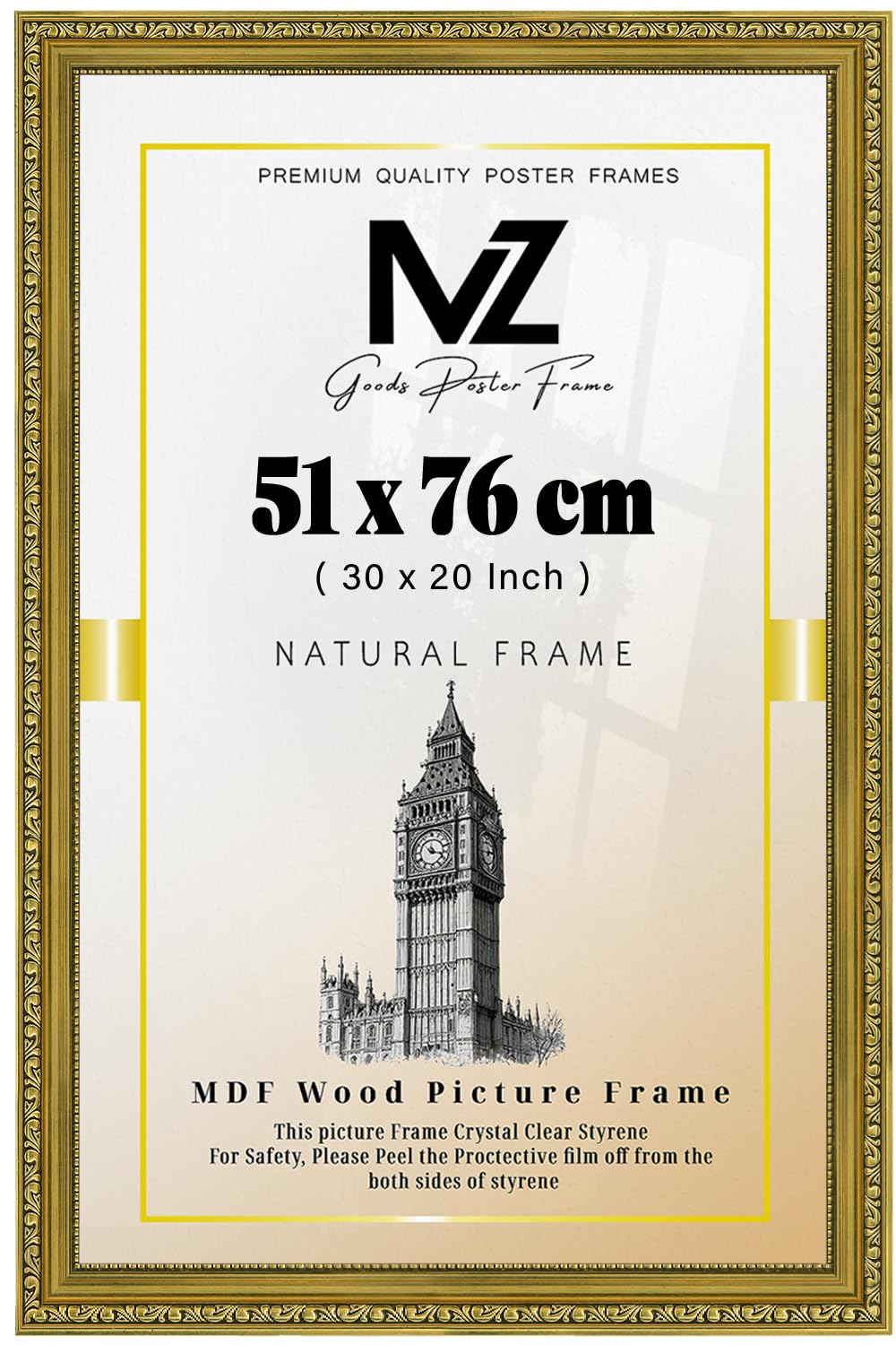 Mz Goods Gold - Elegant Large Rectangle Poster/Picture (51 X 76 Cm) | Solid Polcore Finish And Hanging Hooks 30 X 20 Inch Handmade Frames Display [ ]