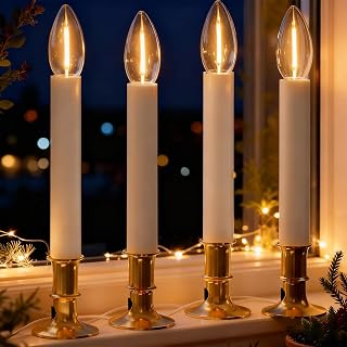 4 Pack Electric Window Candle with 6 C26 LED Bulbs (2 Spare Bulbs) and Gold Plated Base Window Candle Light Sensor Turns with Automatic On/Off for Home Christmas Holiday Party Decorations