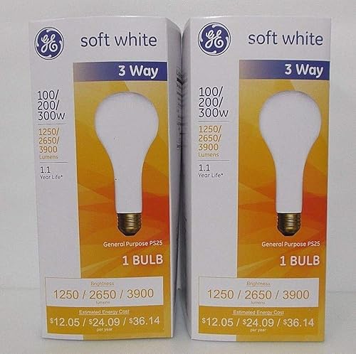 GE Bombillas incandescentes de 3 vías con base Mogul 100/200/300 vatios PS25 blanco suave, paquete de 2