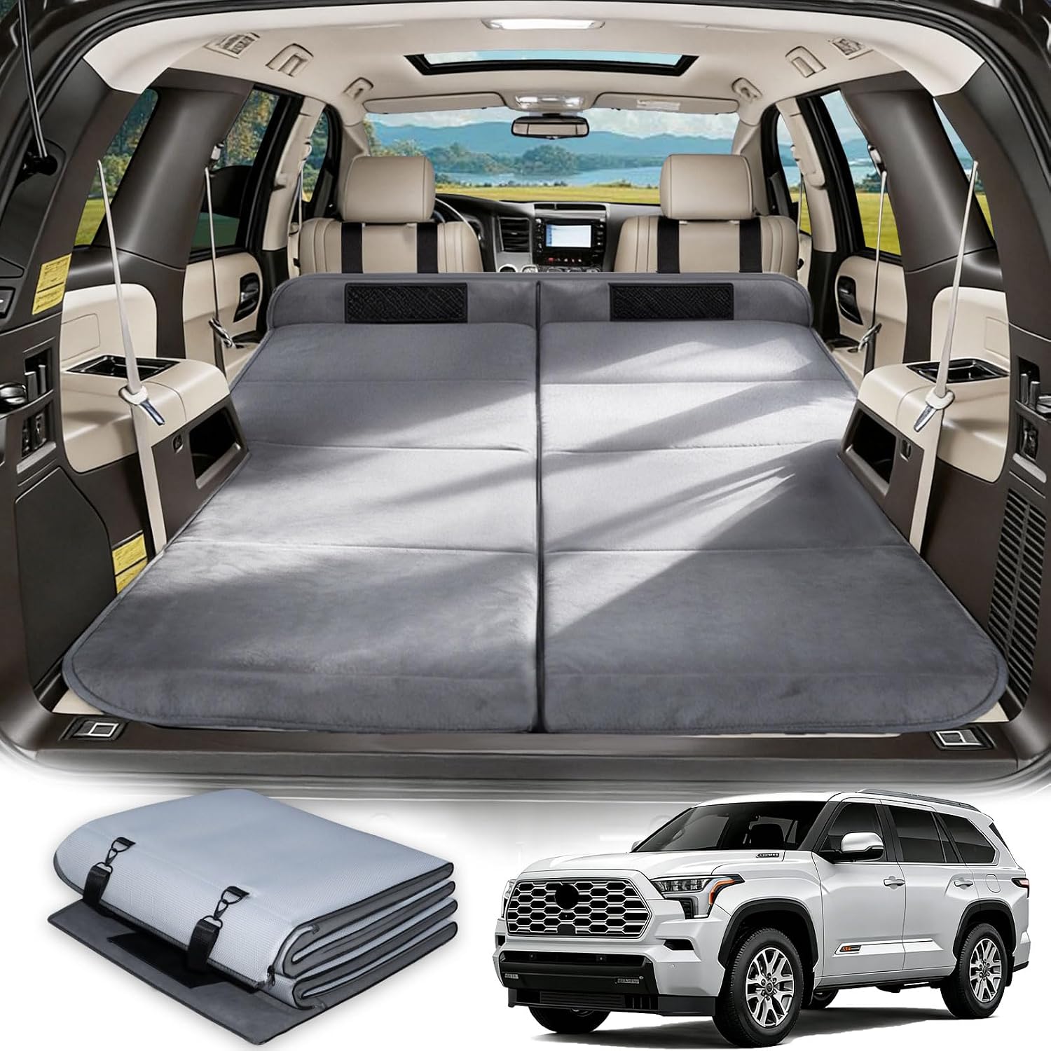 Car Bed for Toyota Sequoia, Foldable Non-Inflatable Soft Foam Camping Mattress, Thickened Portable SUV Trunk Sleeping Pad, Air Mattress Upgrade for Camping & Travel Essentials, Outdoor Sleeping Bed