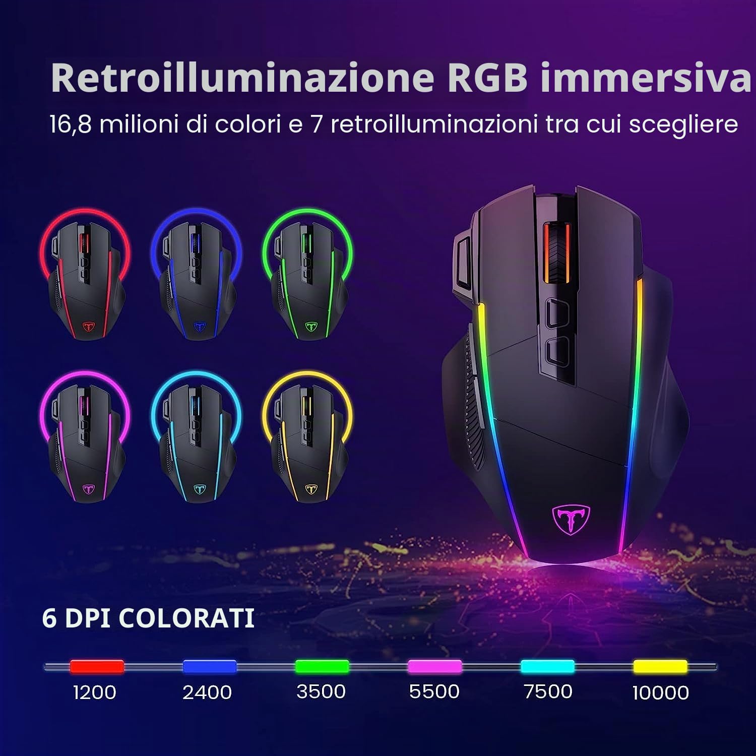 Mouse Gaming Wireless, Mouse a Tre Modalità 2.4 G/USB-C/Bluetooth Fino a 10000 DPI, Retroilluminazione RGB Chroma, Mouse Ergonomico con 8 Pulsanti Programmabili, Memoria di Bordo, PC, Mac Gamer