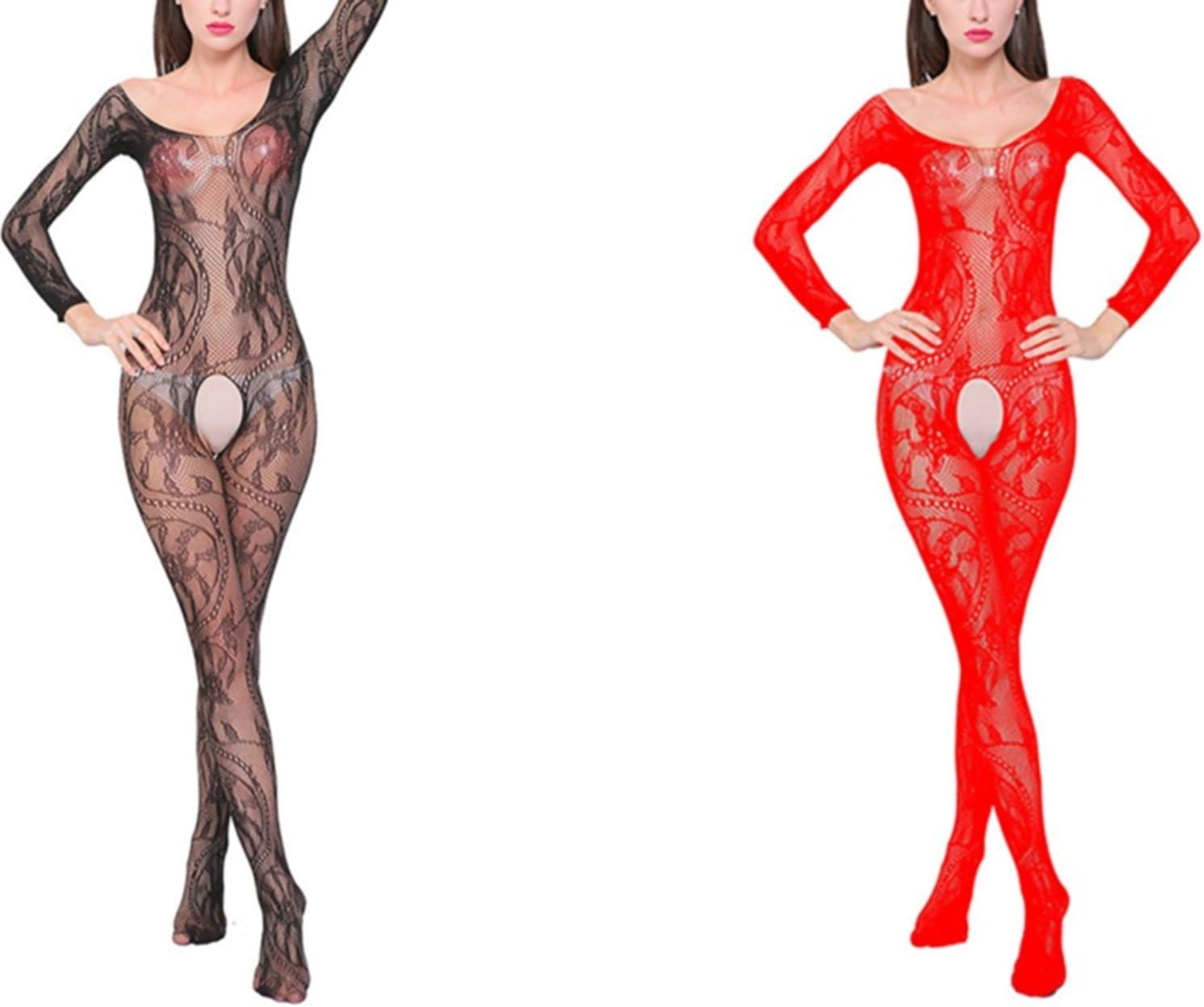 Wellwear Womens Bodystocking Crotchless Bodysuit Sleeves Sexy Silk Stocking Mesh Lingerie（2 Pack） (2 Pack)
