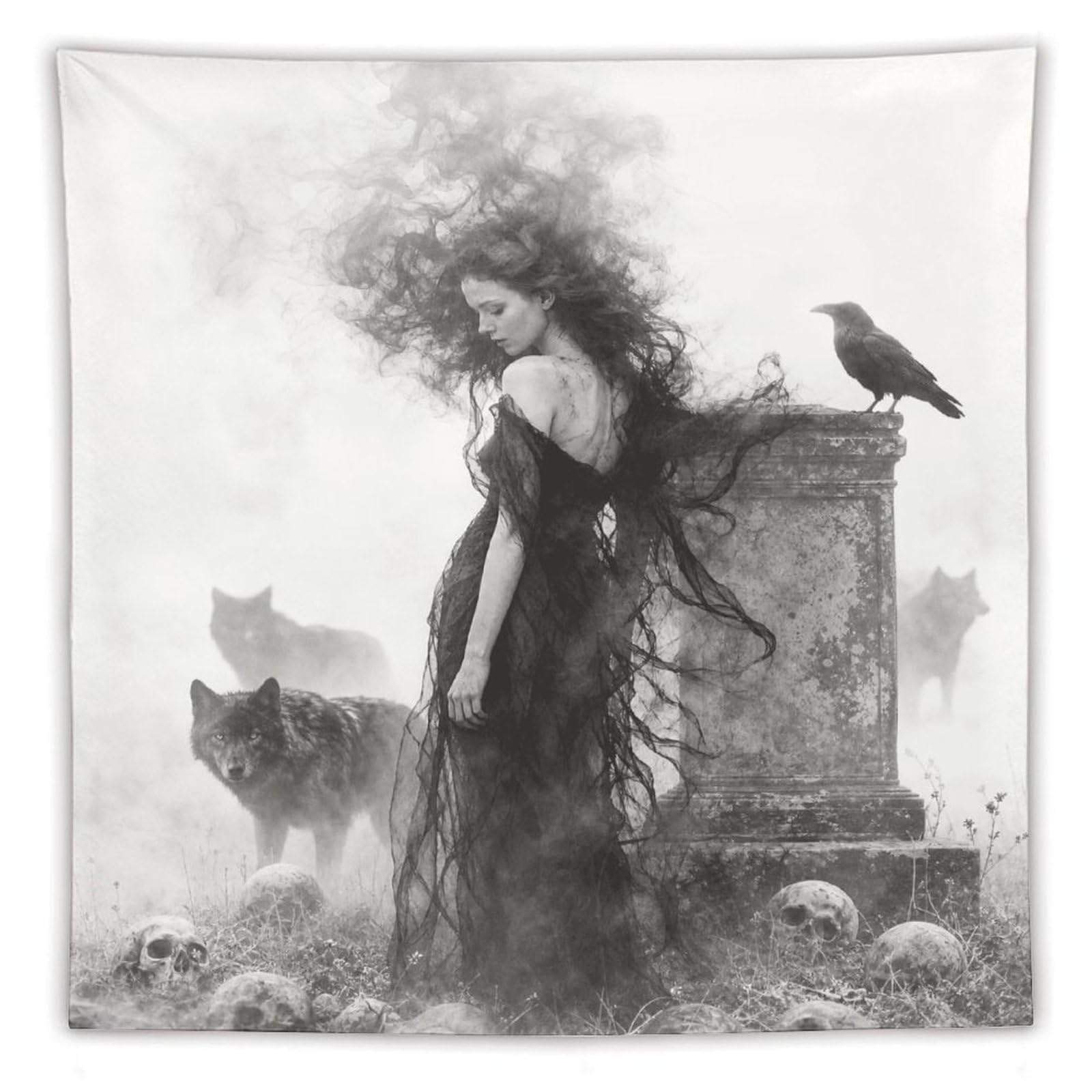 H3B8U2Y5 Raven Woman with Black Cat Wall Tapestry, Gothic Oil, Sepia Gothic