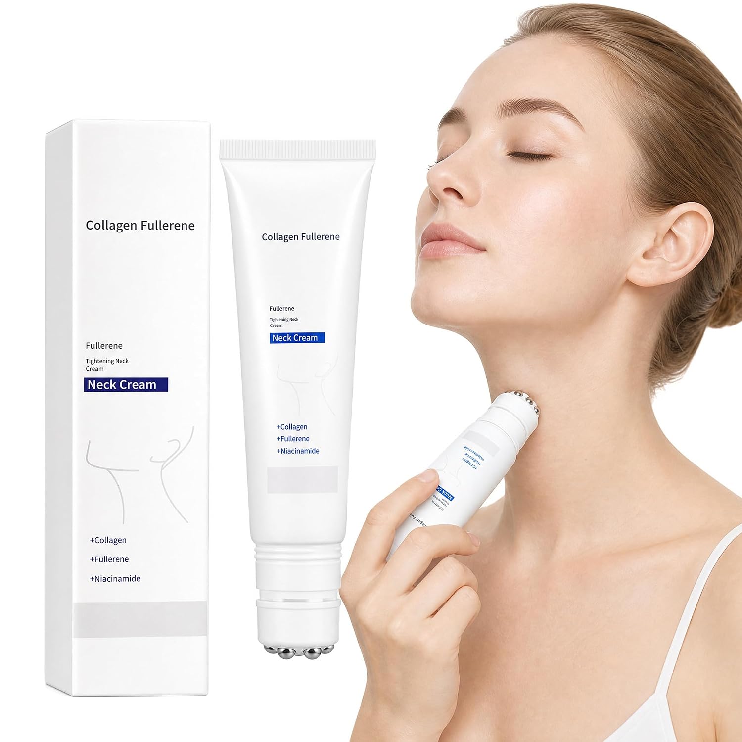 Magic Collagen Fullerene Neck Cream, Magic Cream, Tighten and Lift Firming Neck Cream for Crepey Skin, Collagen Neck Cream with Five Rollers, Wrinkles and Tightening for Skin Types