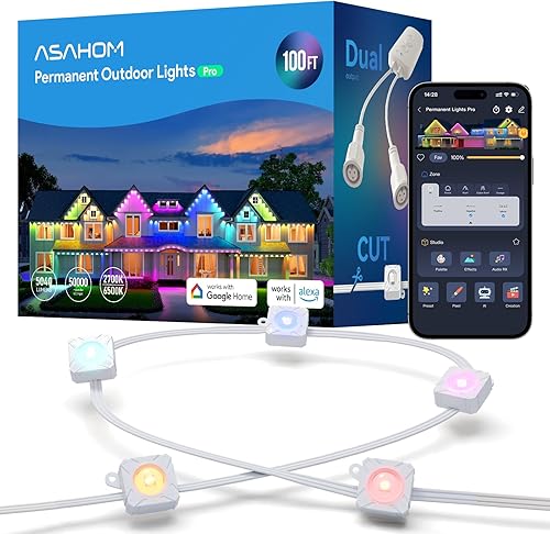 ASAHOM Luz permanente para exteriores Pro S108B, 100 pies con 72 LED RGBCW 70lm, integración WLED, iluminación AI, combinación de efectos de