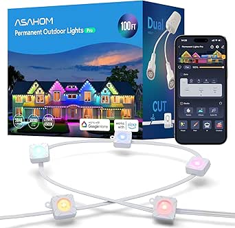 ASAHOM Permanent Outdoor Light Pro S108B, 100FT with 72 RGBCW 70lm LED, WLED Integration, AI Lighting, 30000 Lighting Effect Combination, IP67 Waterproof for Christmas New Year and Daily Decor, White