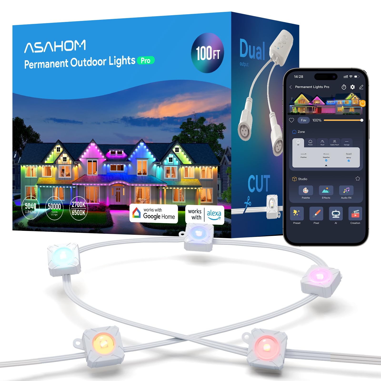 ASAHOM Permanent Outdoor Light Pro S108B, 100FT with 72 RGBCW 70lm