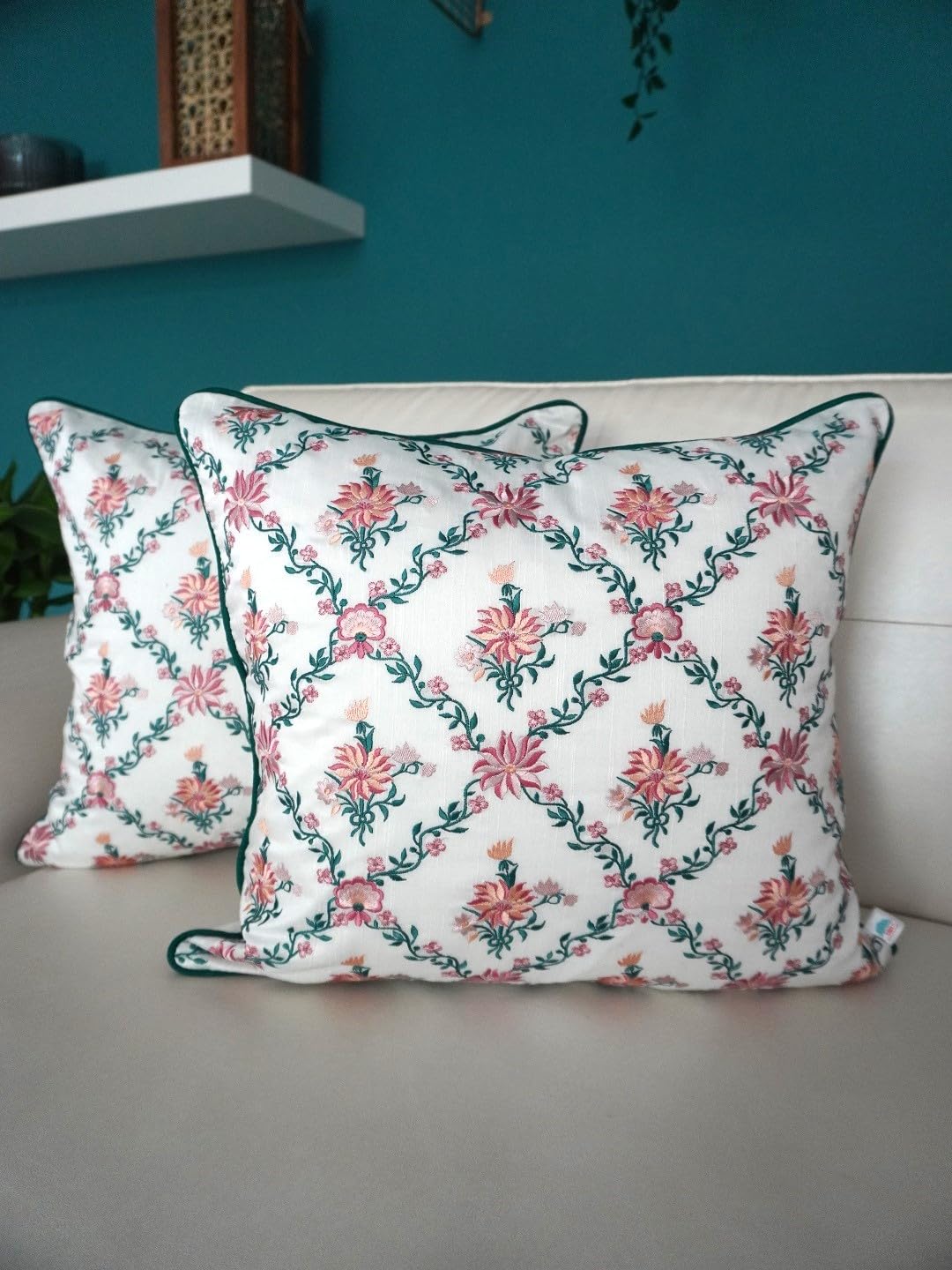 TARA- Sparkling Homes Embroidered Cushion Covers 16 x 16 inches, 'Paradise' from 'Gardens of Tuscany' Collection, Set of 2, Teal Blue and Pastel Pink (16 x 16 Inches, Teal Blue)