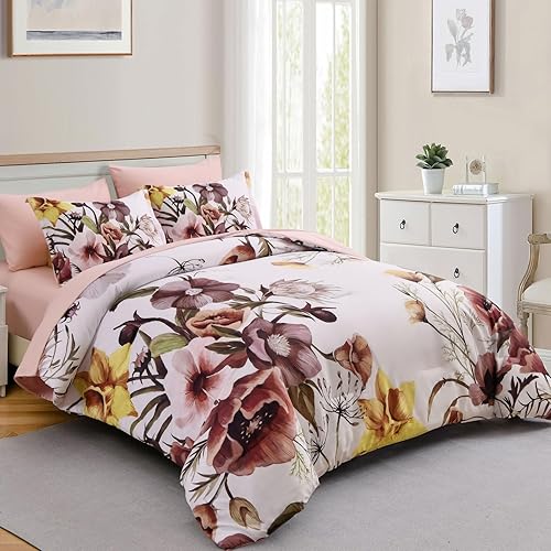 Miniatura 2 de Luxudecor Juego de edredón floral tamaño Queen de 7 piezas, cama de flores rubor en una bolsa, elegante edredón floral con juego de sábanas, juego