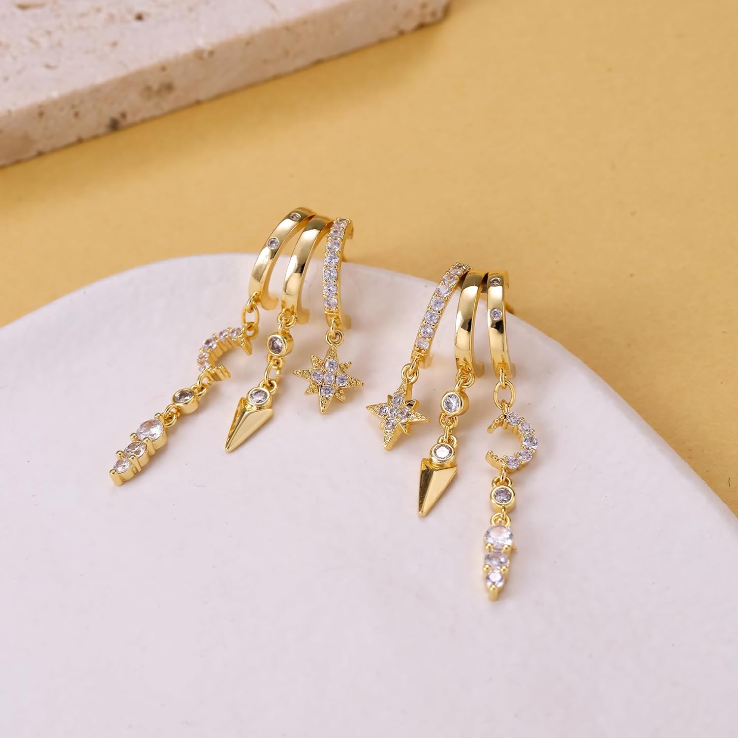 Gold Dangle Earrings for Women, 14k Gold Plated Stacked Triple Hoop Illusion Earrings Cubic Zirconia Huggie Earrings for Women Trendy - Image 8