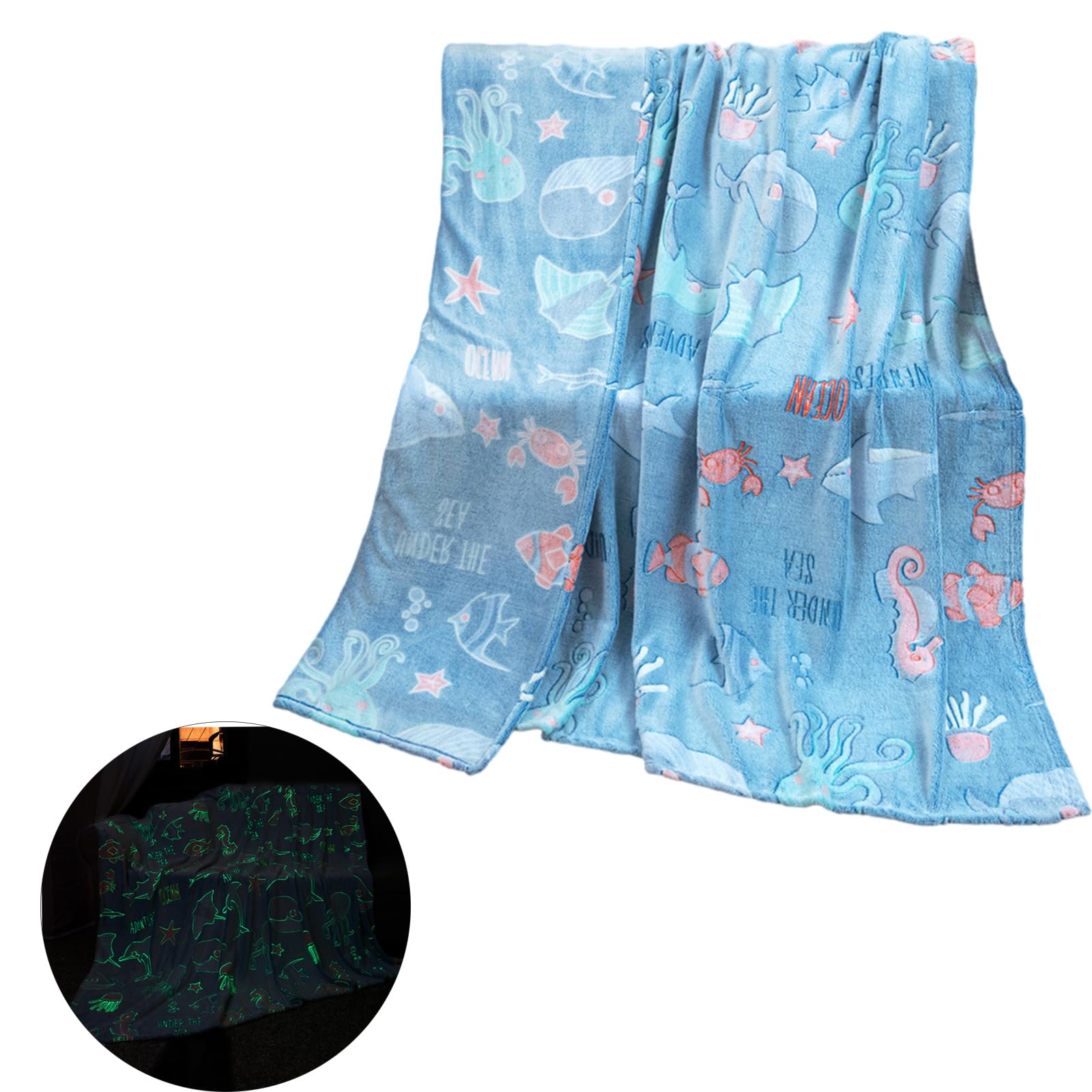Glow in Dark Blanket for Girls Boys Soft Flannel Throw for Kids Underwater World Bedroom Office Children and Teenagers Blanket