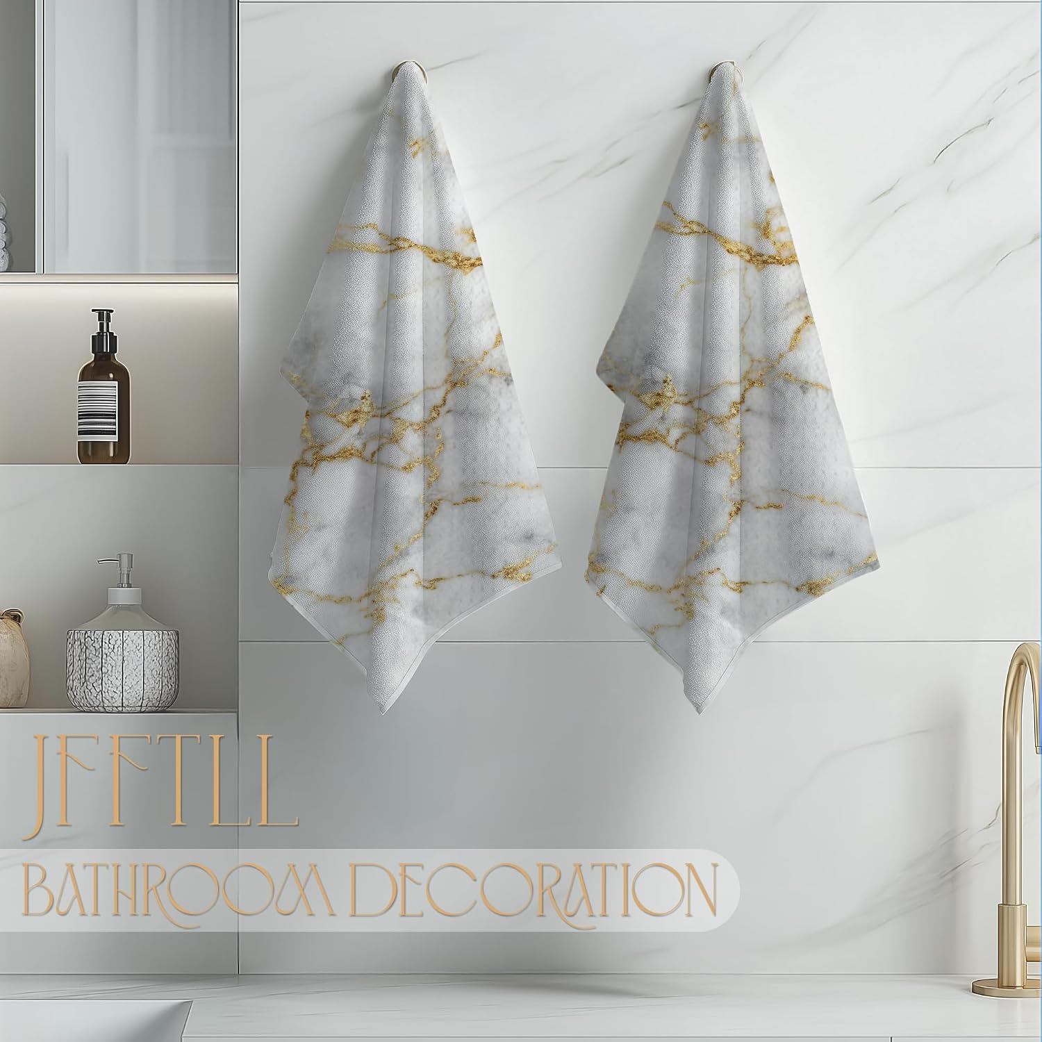 White Gold Marble Kitchen Towels, Modern Gold Glitter Dish Tea Towels for Kitchen Decor, Contemporary Marble Texture Decorative Hand Towel for Bathroom, 16x24 Inch Set of 2