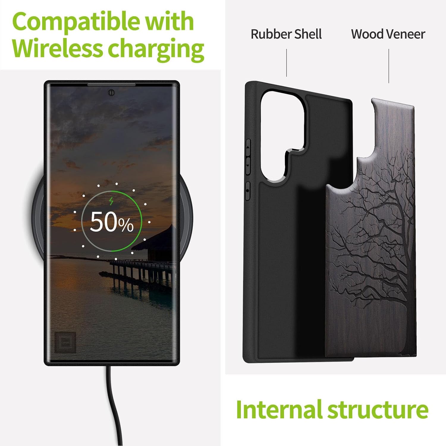 Carveit Wood Case for Galaxy S24 Ultra Case [Natural Wood & Black Soft TPU] Shockproof Protective Cover Unique Wooden Design Compatible with Samsung S24 Ultra (Eternal Tree-Blackwood)