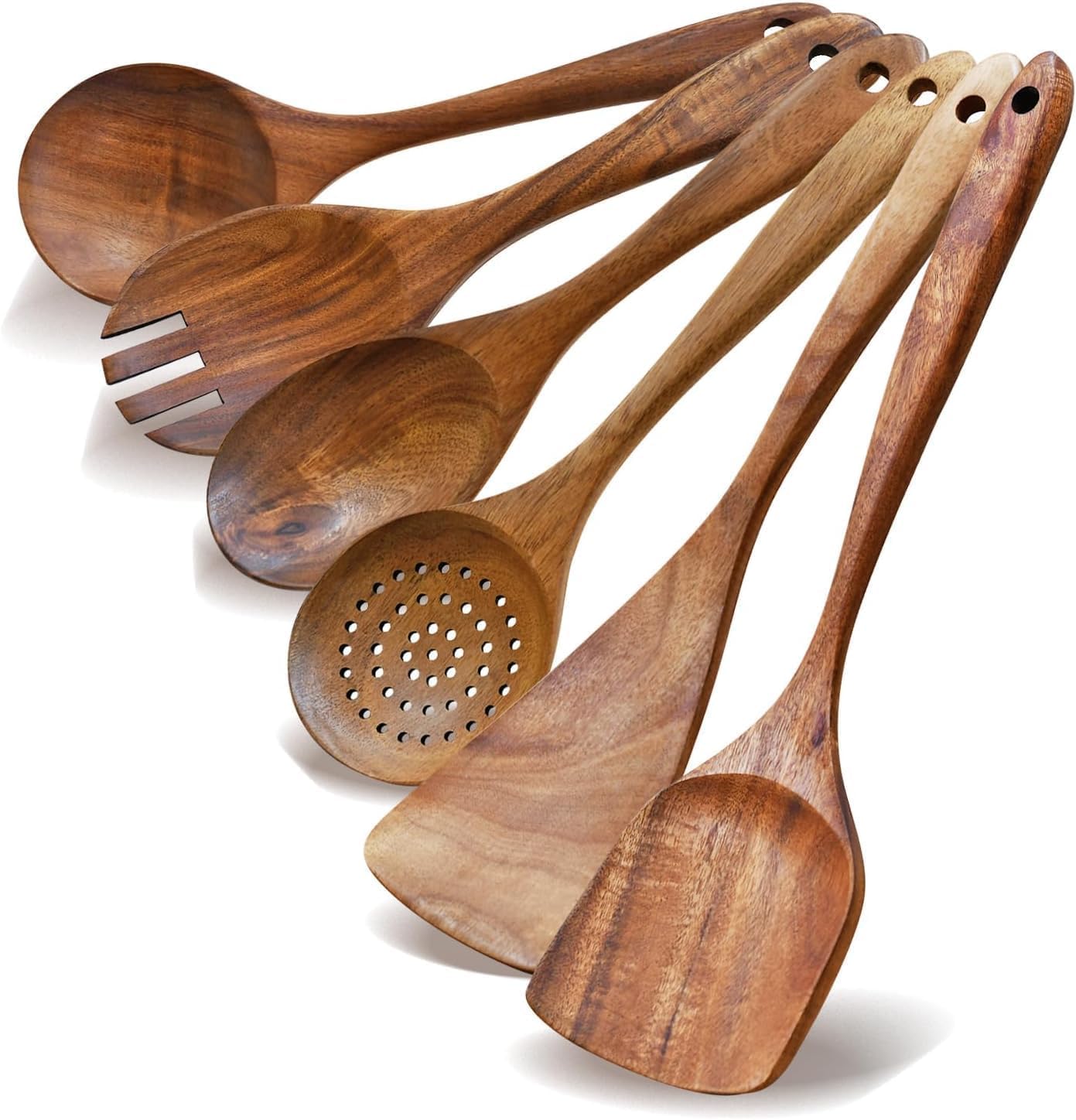 Wooden Kitchen Utensil Set, 6 Pieces, Cooking Spoons and Spatula, Natural Teak Wood