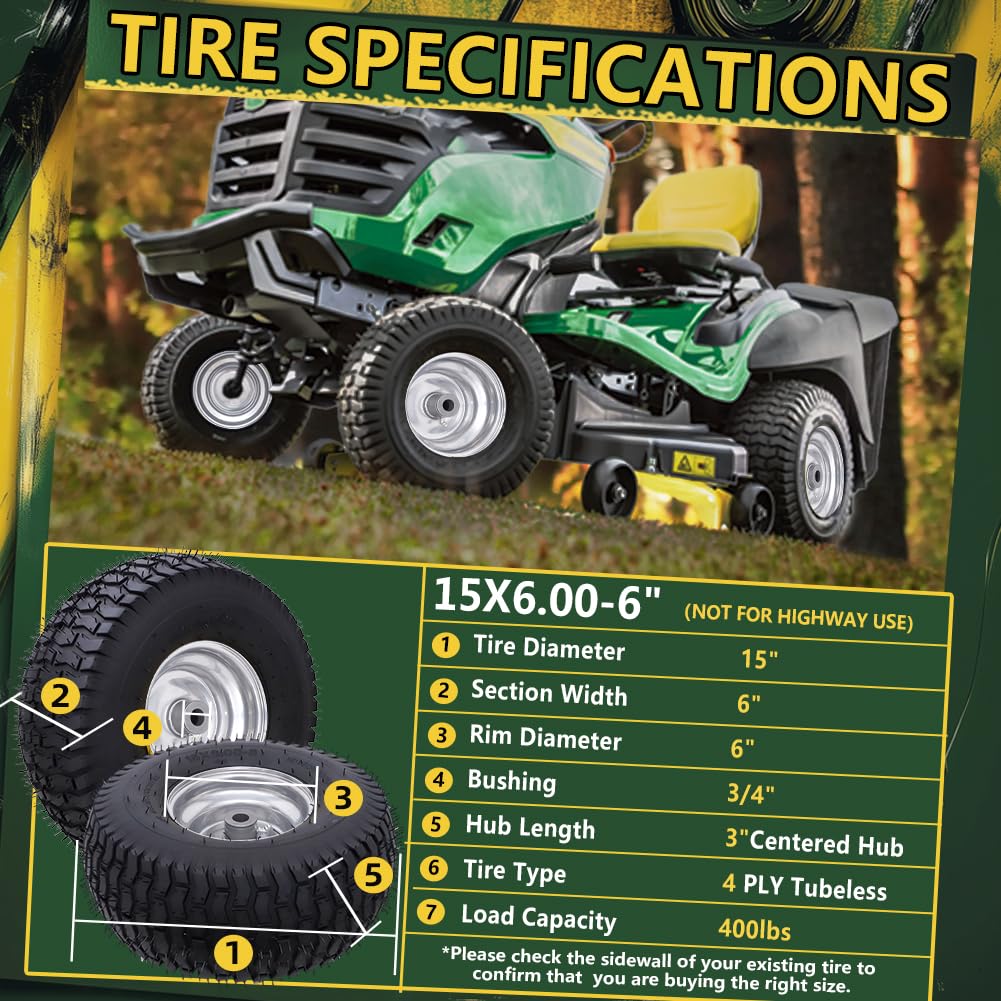 Conjunto de neumáticos y ruedas sin cámara de 15 x 6.00-6 (paquete de 2), neumáticos delanteros de repuesto para cortacésped, compatible con cortacésped y tractor de césped, cubo centrado de 3