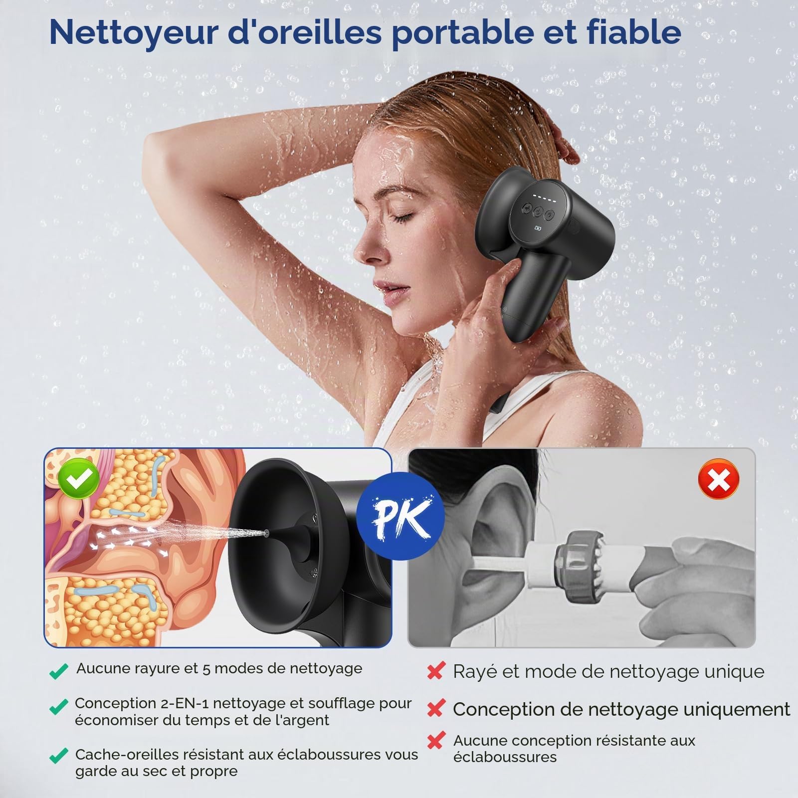 WildFun 2-IN-1 Kit de nettoyage des oreilles, Kit d'élimination de cérumen électrique avec 5 Modes de nettoyage et 1 Mode de soufflage modes, Elimination du Cérumen Rechargeable, IPX7 étanche (black)