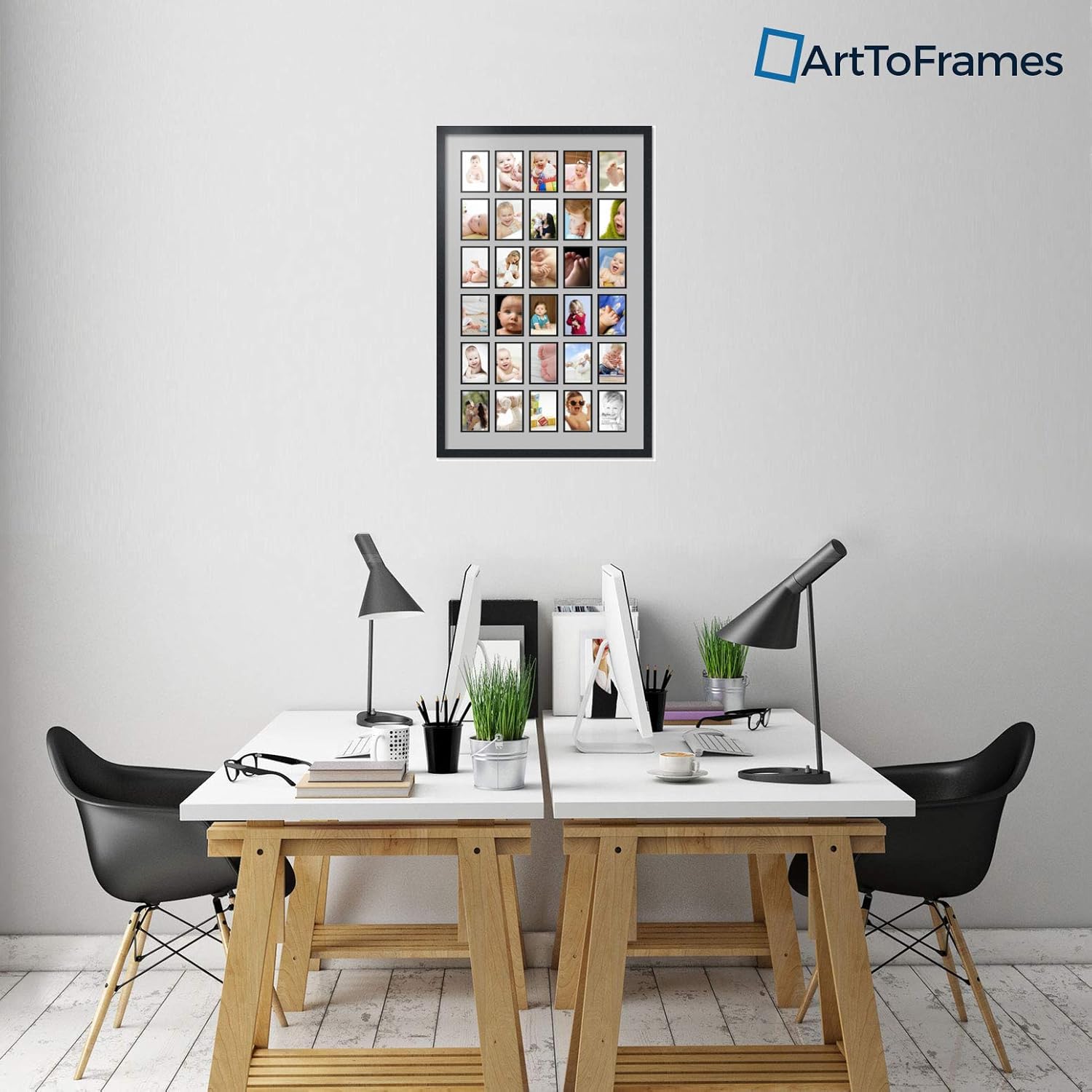 ArtToFrames Collage Photo Frame Double Mat with 30-4x6 Openings with Satin Black Frame and TV Grey mat.