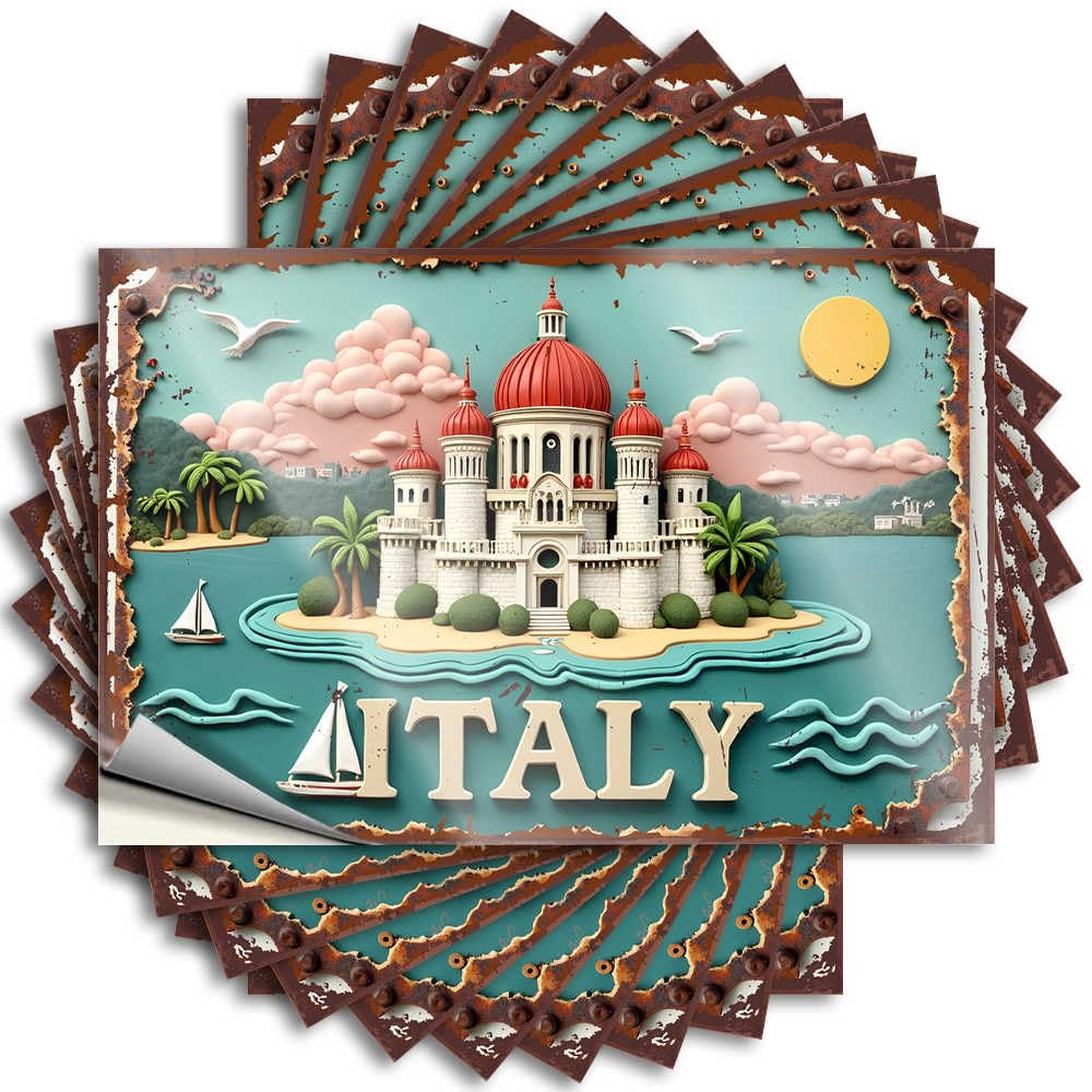 Fzfn Men's Colour Room Decor Door Lettering Sticker - Vintage Italian Coastal Castle Scene With Palm Trees And Sailboat Half Durable Sticker Easy Apply For Stone Decor(12X18cm)
