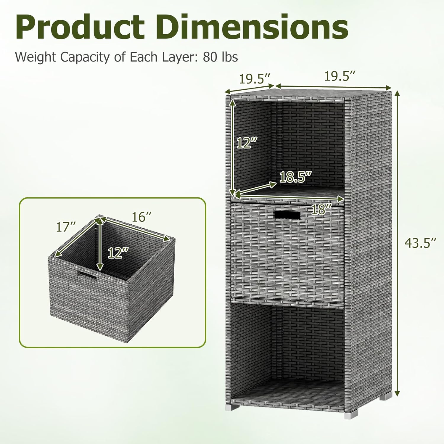 HAPPYGRILL Outdoor Storage Cabinet PE Rattan Wicker Storage Shed Organizer with Shelves Drawer, for Patio Porch, Garden, Backyard and Poolside (Mix Grey)