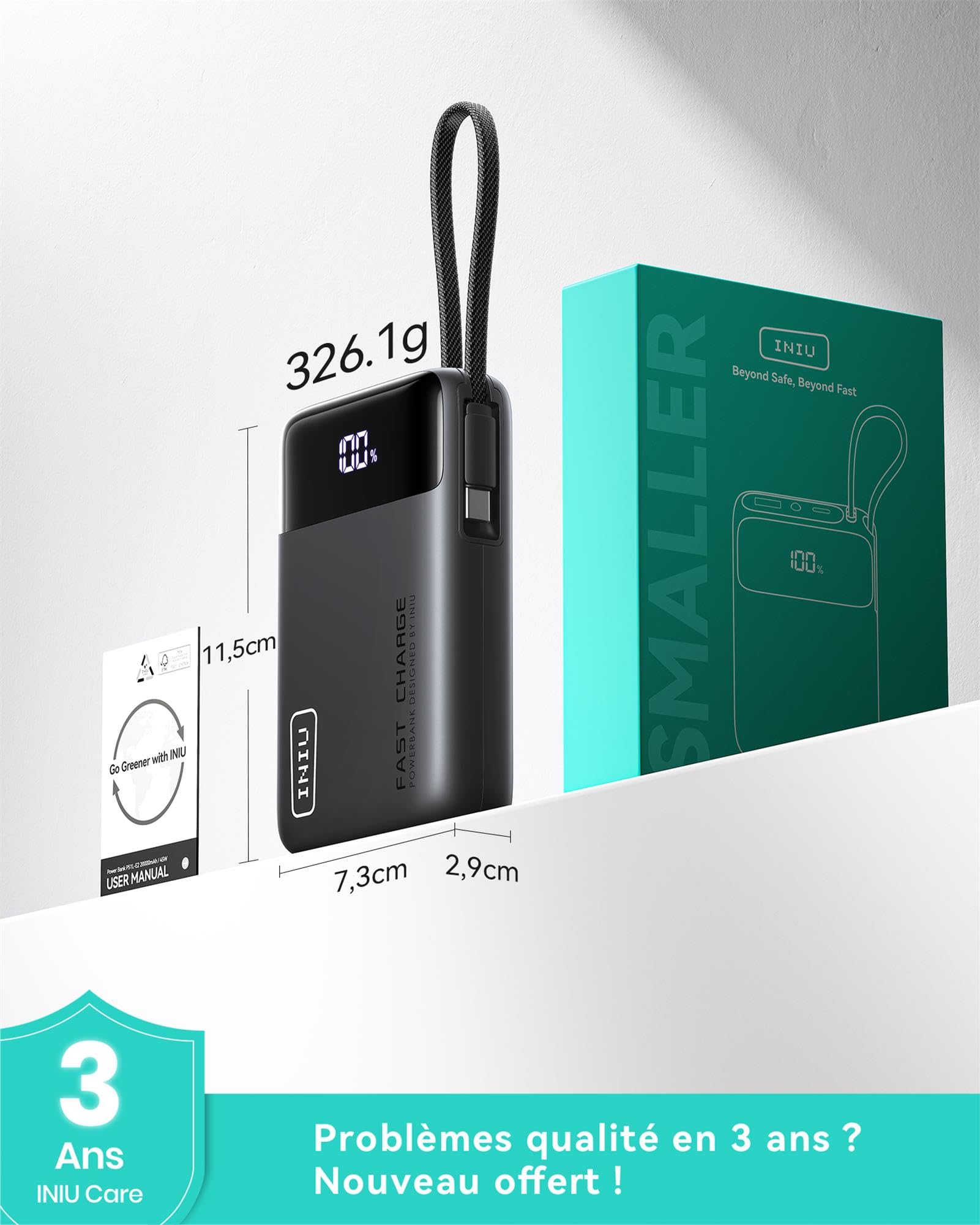 INIU Batterie Externe, Petit 45W Charge Rapide 20000mAh Power Bank avec USB C Câbles Intégrés, Autorisé en Avion, Essentiels de Voyage, Portable Batterie pour iPhone 17 16, Samsung, Xiaomi, iPad etc